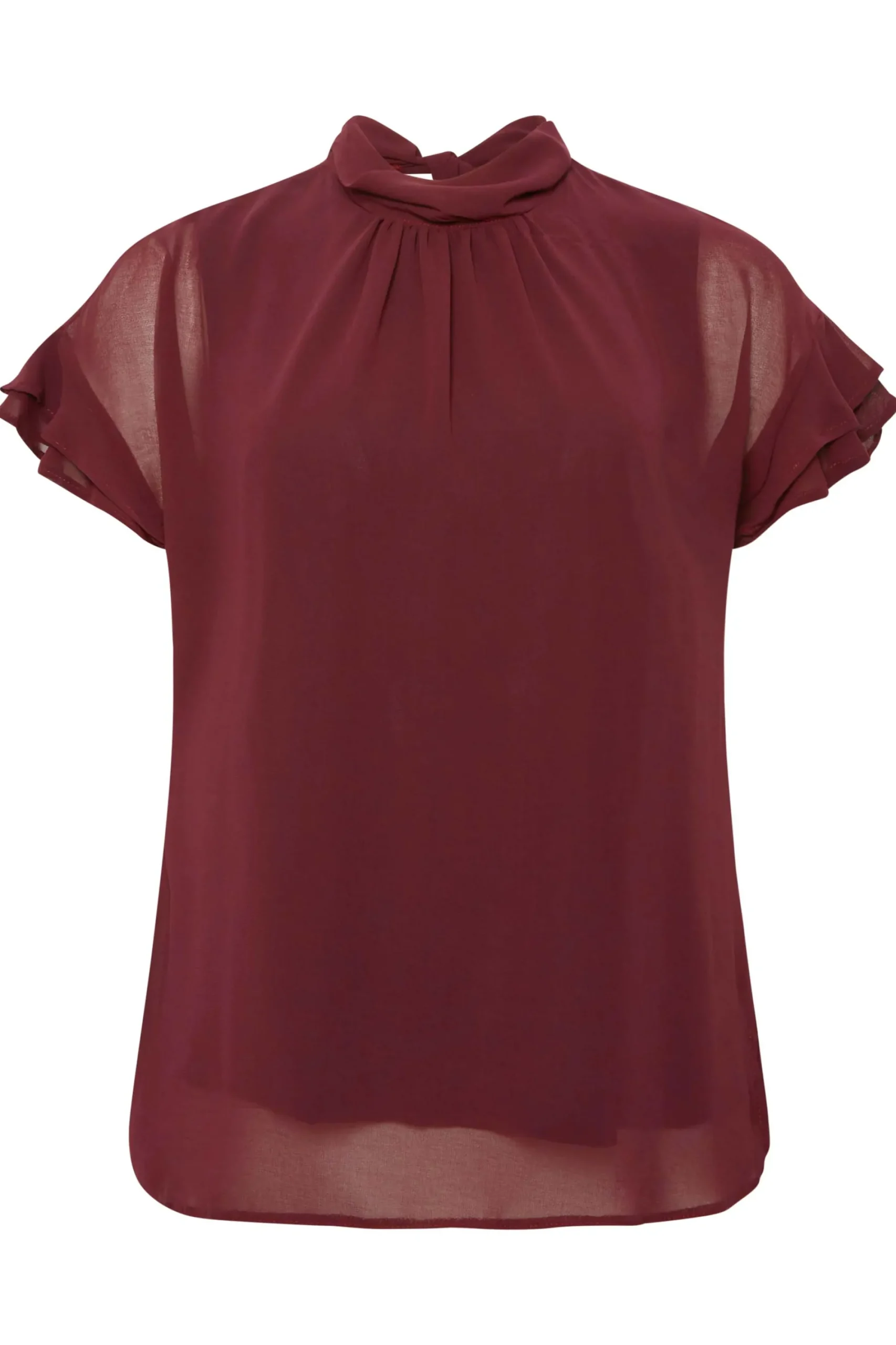 M&Co Womens Burgundy Red High Neck Frill Sleeve Blouse>Women Short Sleeve Tops