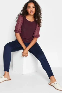 M&Co Womens Burgundy Red Dobby Sleeve Blouse>Women Short Sleeve Tops