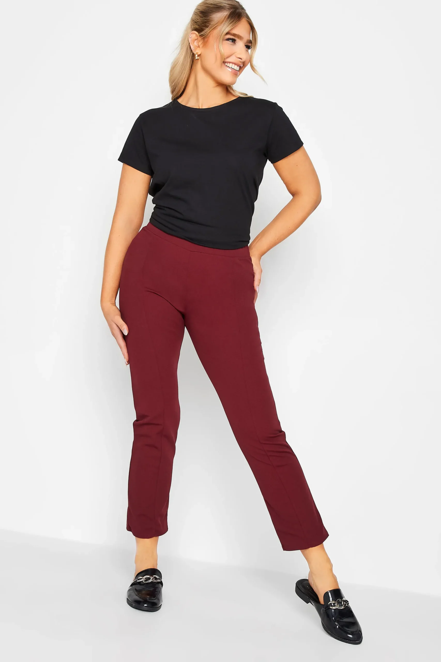 M&Co Womens Burgundy Red Stretch Tapered Trousers>Women Trousers
