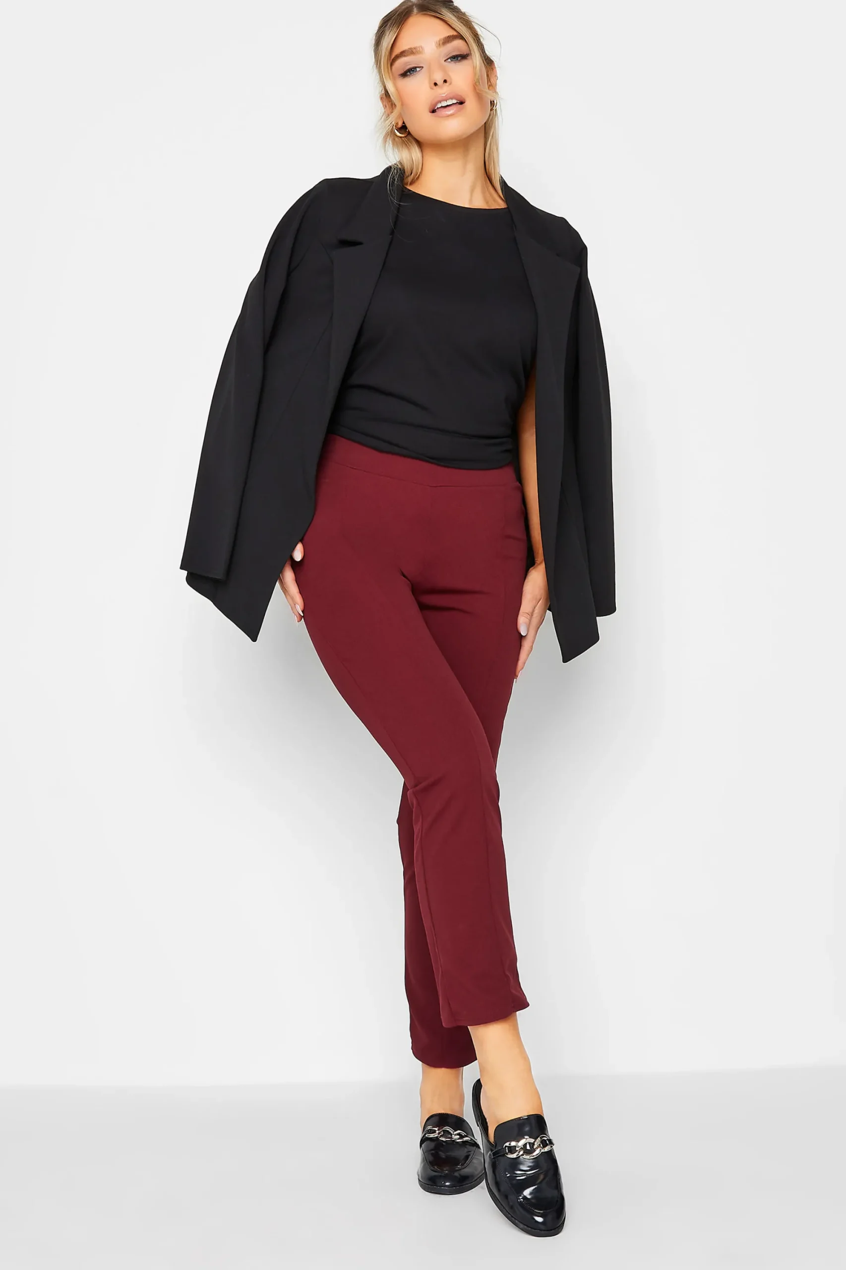 M&Co Womens Burgundy Red Stretch Tapered Trousers>Women Trousers