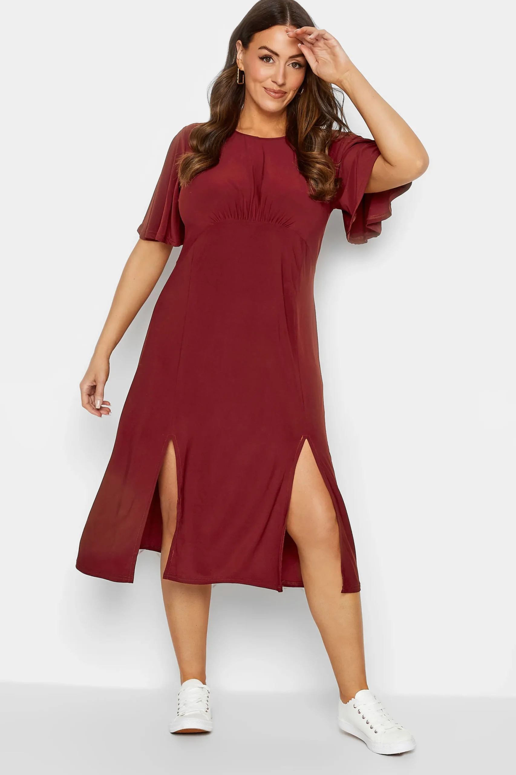 M&Co Womens Burgundy Red Angel Sleeve Split Hem Midi Dress>Women Wedding Guest Dresses