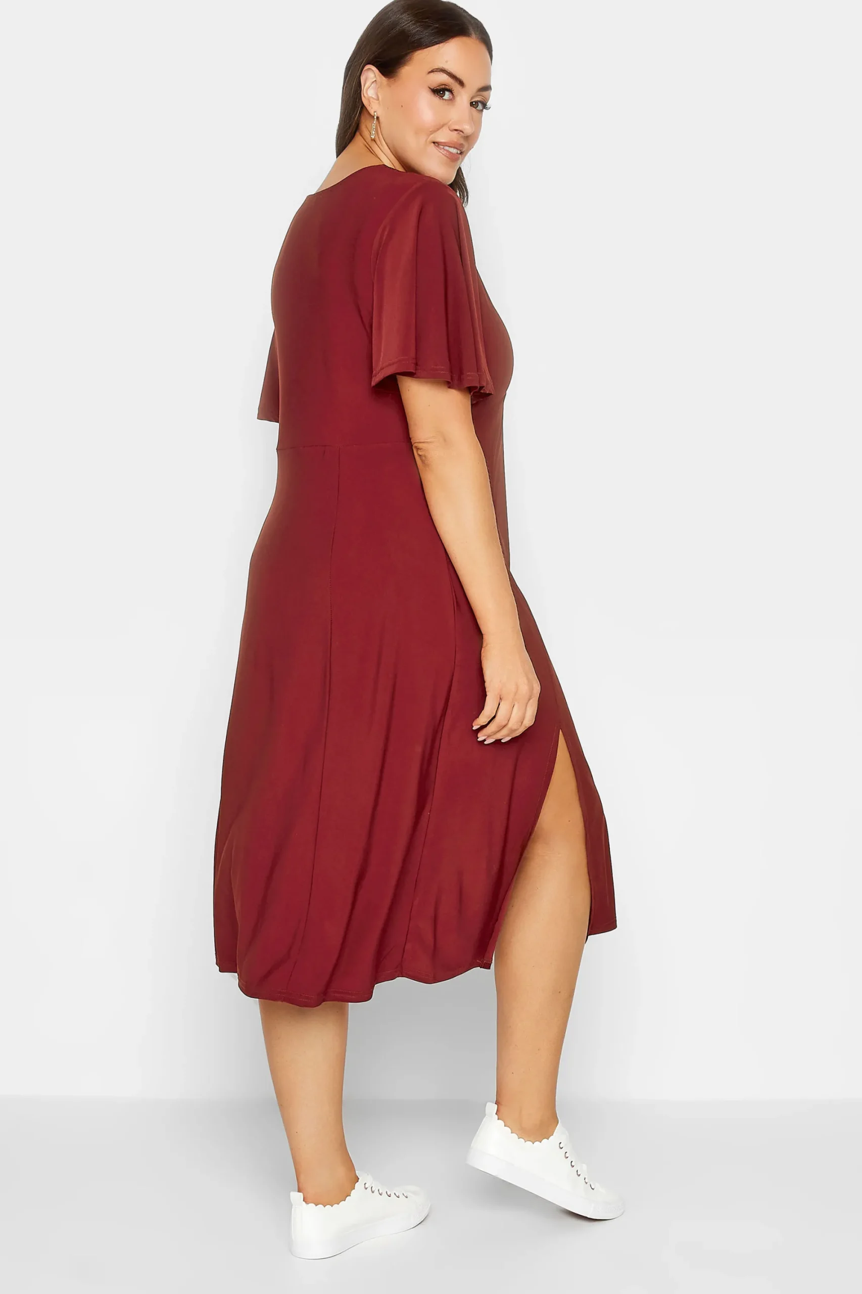 M&Co Womens Burgundy Red Angel Sleeve Split Hem Midi Dress>Women Wedding Guest Dresses