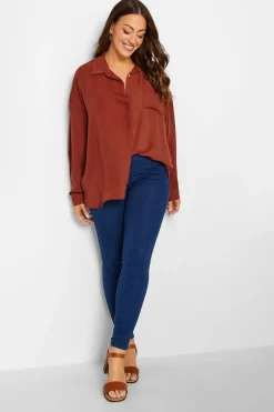 M&Co Womens Burnt Orange Button Through Pocket Shirt>Women Shirts