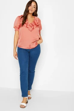 M&Co Womens Coral Pink Frill Front Blouse>Women Short Sleeve Tops