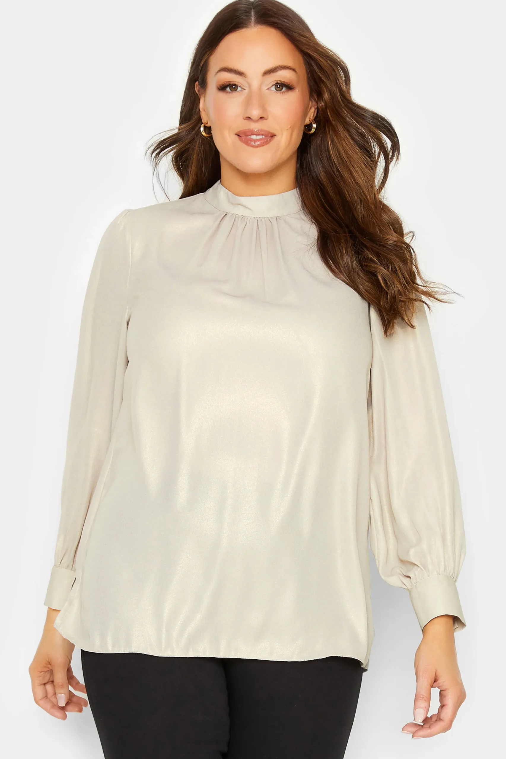 M&Co Womens Cream Keyhole Back High Neck Blouse>Women Long Sleeve Tops