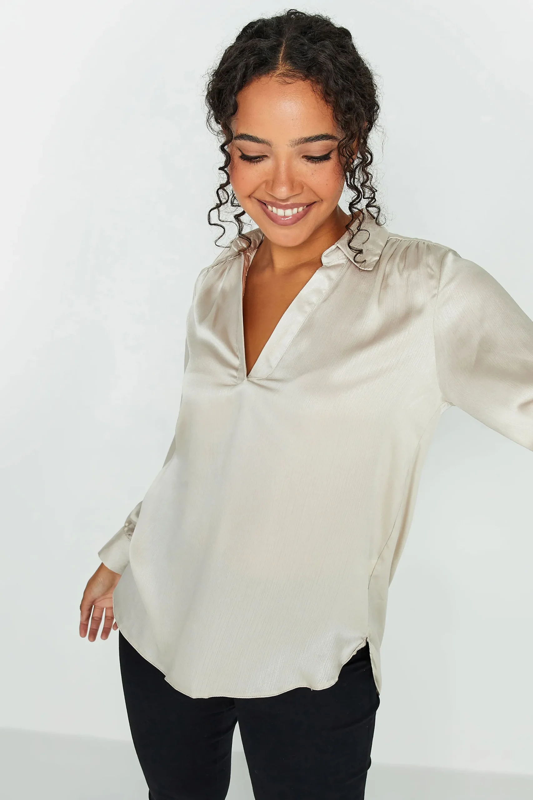 M&Co Womens Cream Satin V-Neck Blouse>Women Shirts