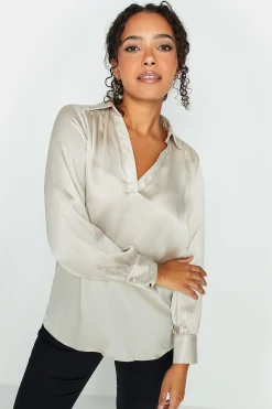 M&Co Womens Cream Satin V-Neck Blouse>Women Shirts