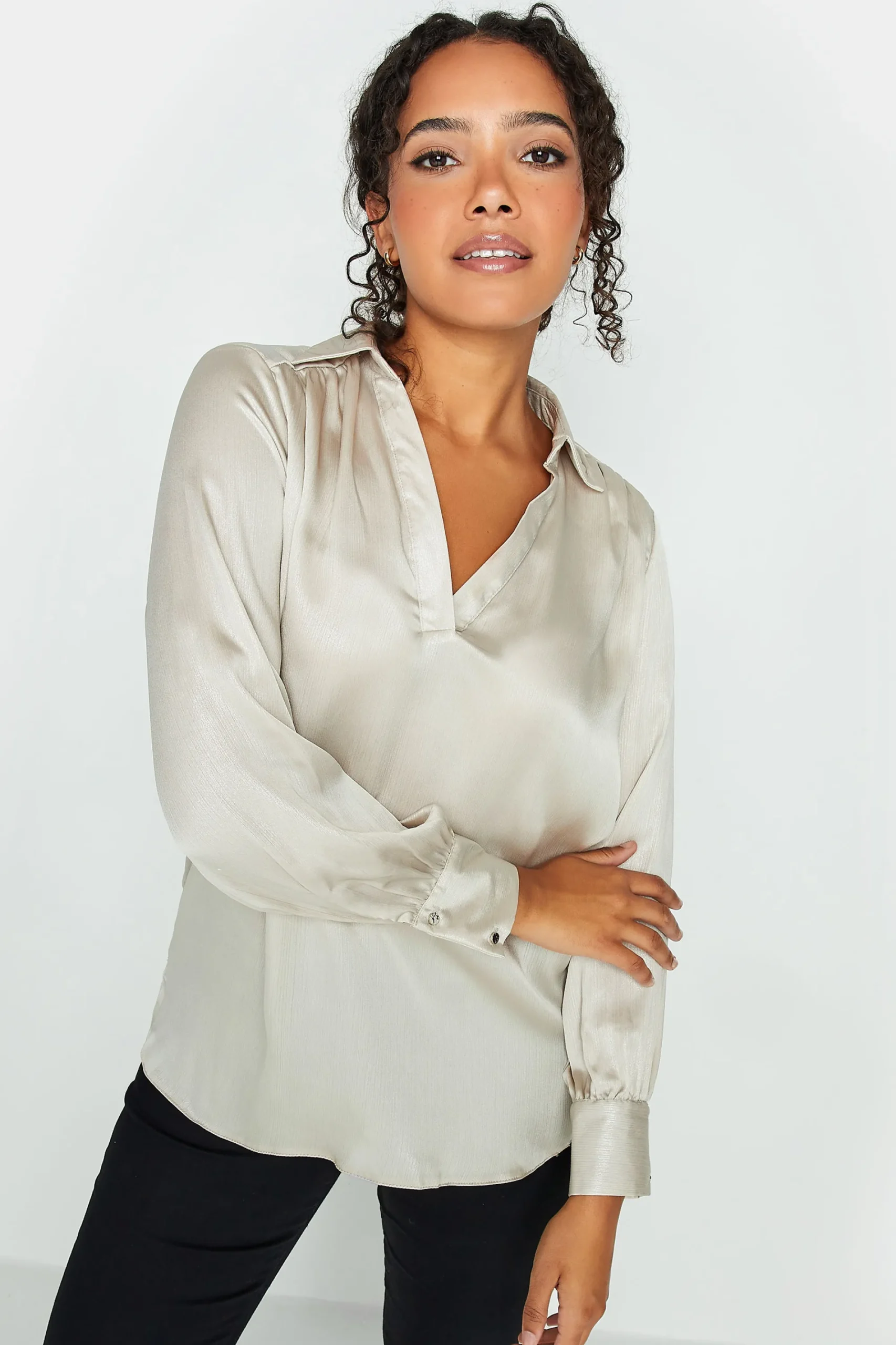 M&Co Womens Cream Satin V-Neck Blouse>Women Shirts