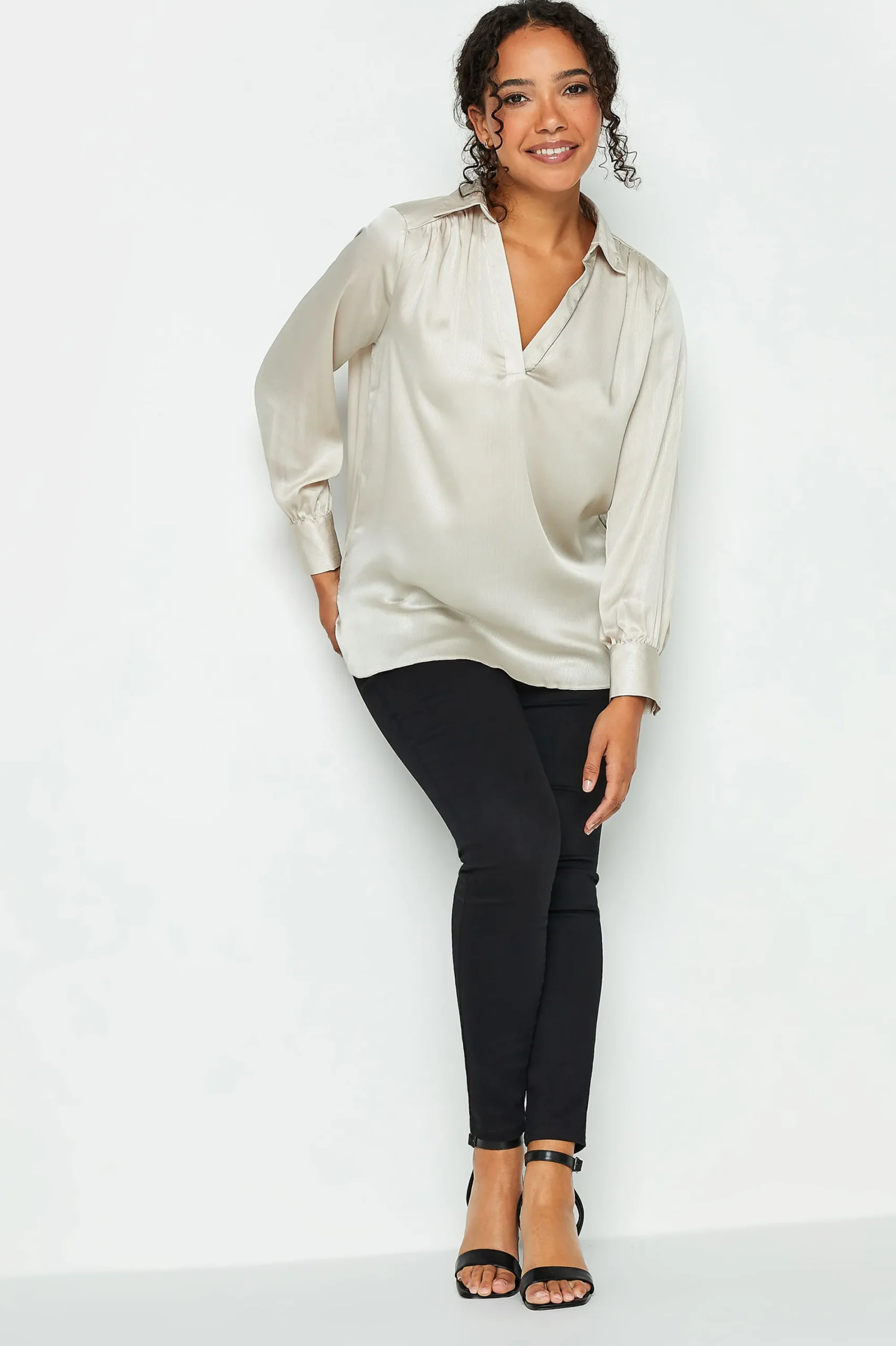 M&Co Womens Cream Satin V-Neck Blouse>Women Shirts