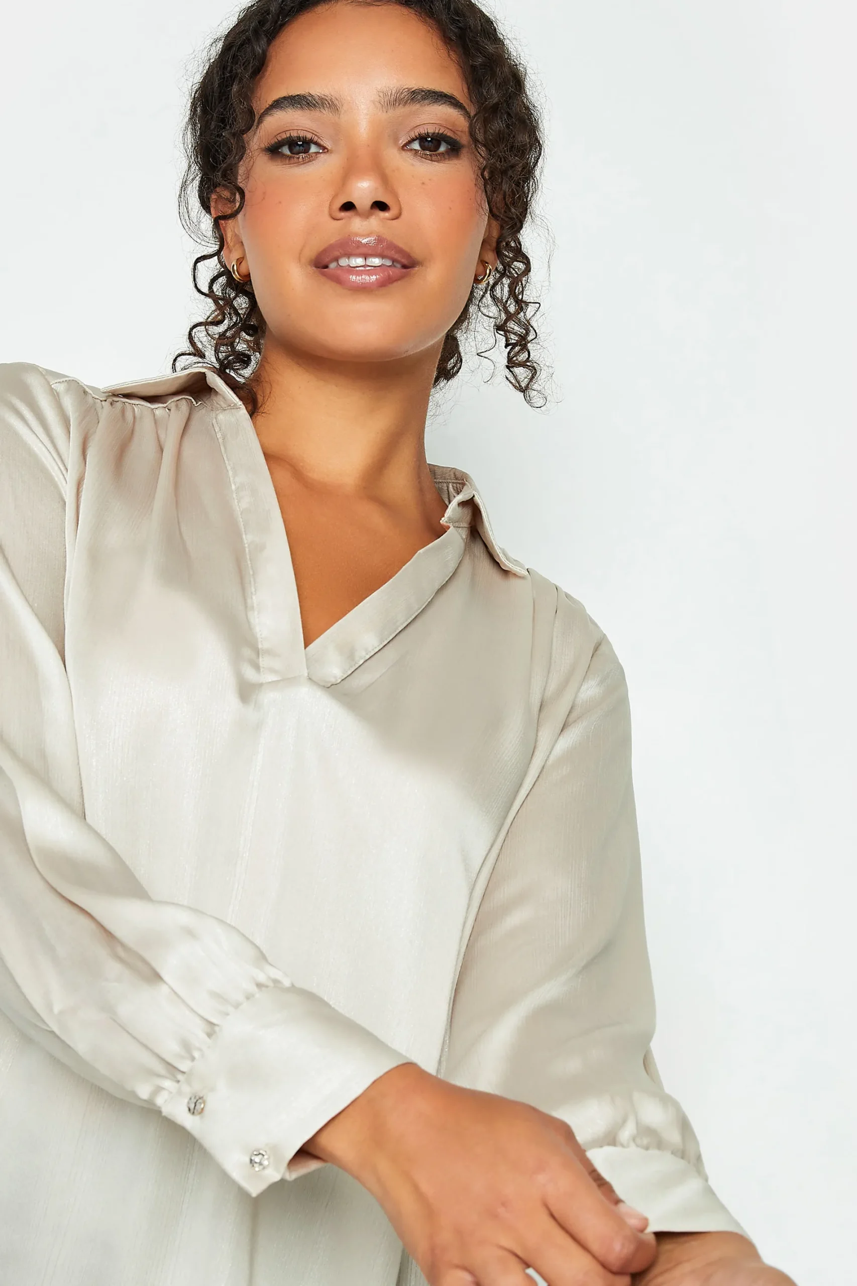 M&Co Womens Cream Satin V-Neck Blouse>Women Shirts