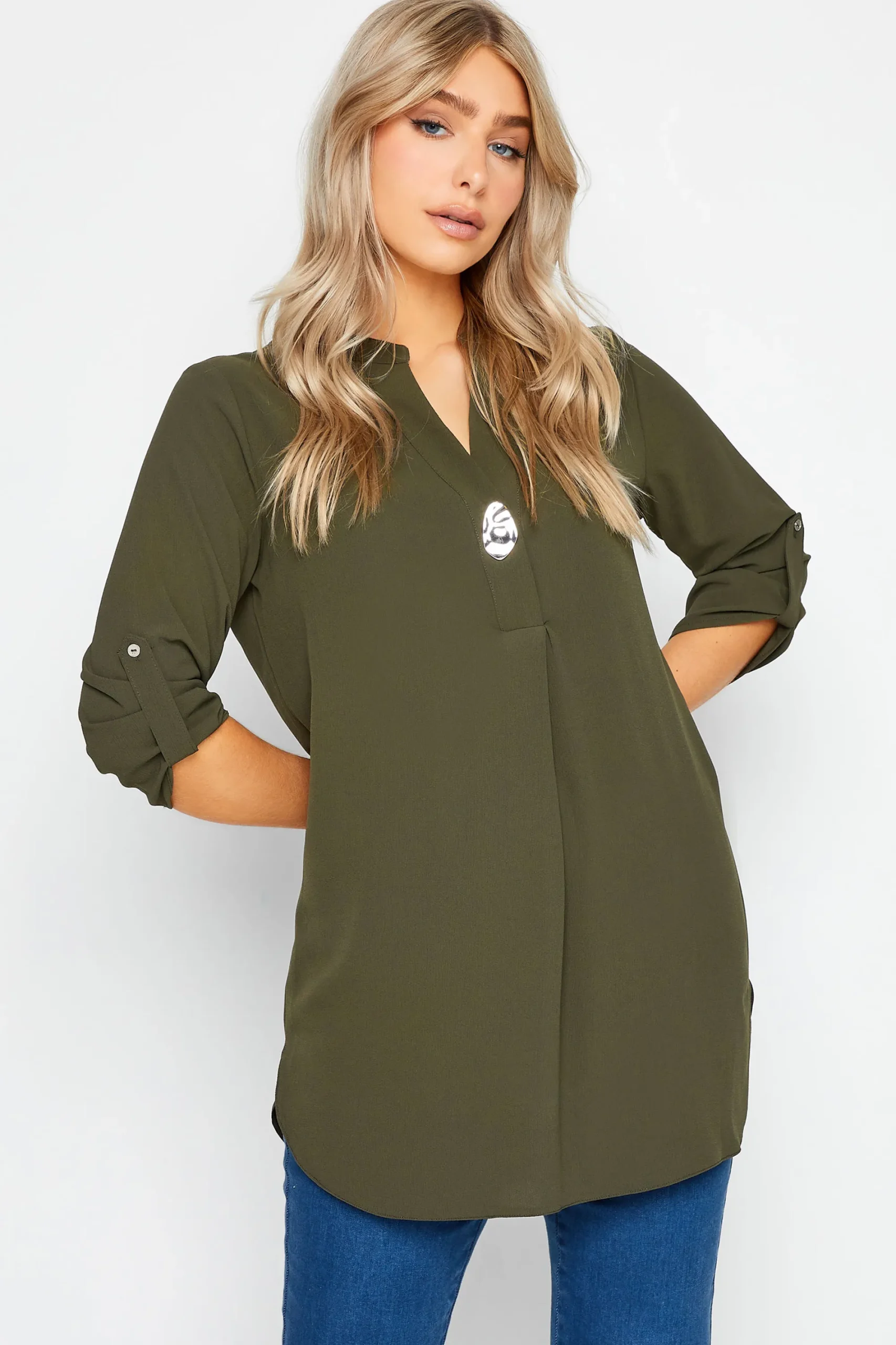 M&Co Womens Dark Green Statement Button Tab Sleeve Shirt>Women Shirts