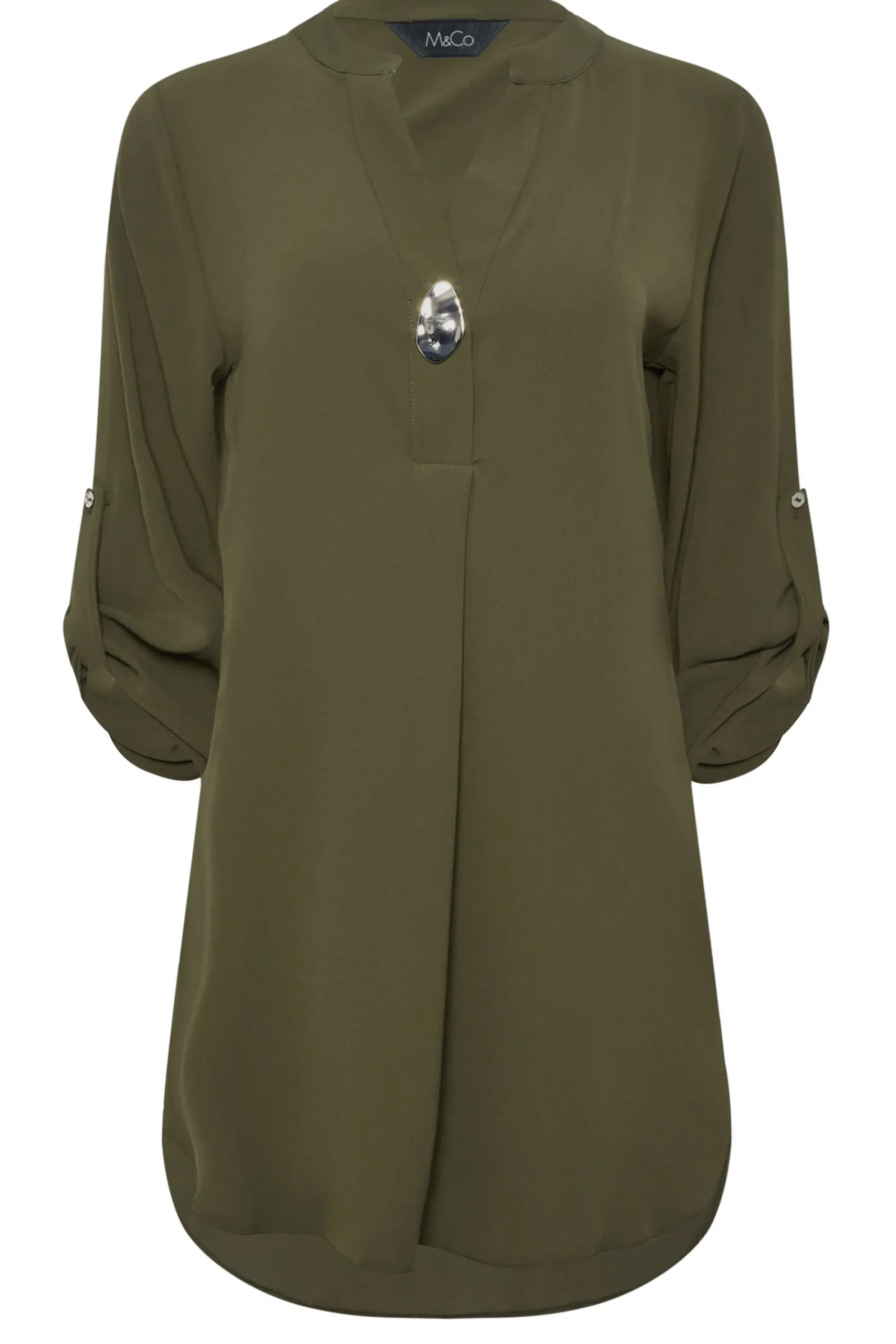 M&Co Womens Dark Green Statement Button Tab Sleeve Shirt>Women Shirts