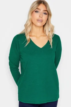M&Co Womens Dark Green V-Neck Long Sleeve Cotton Blend T-Shirt>Women T-Shirts