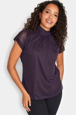 M&Co Womens Dark Purple Tie Neck Blouse>Women Short Sleeve Tops