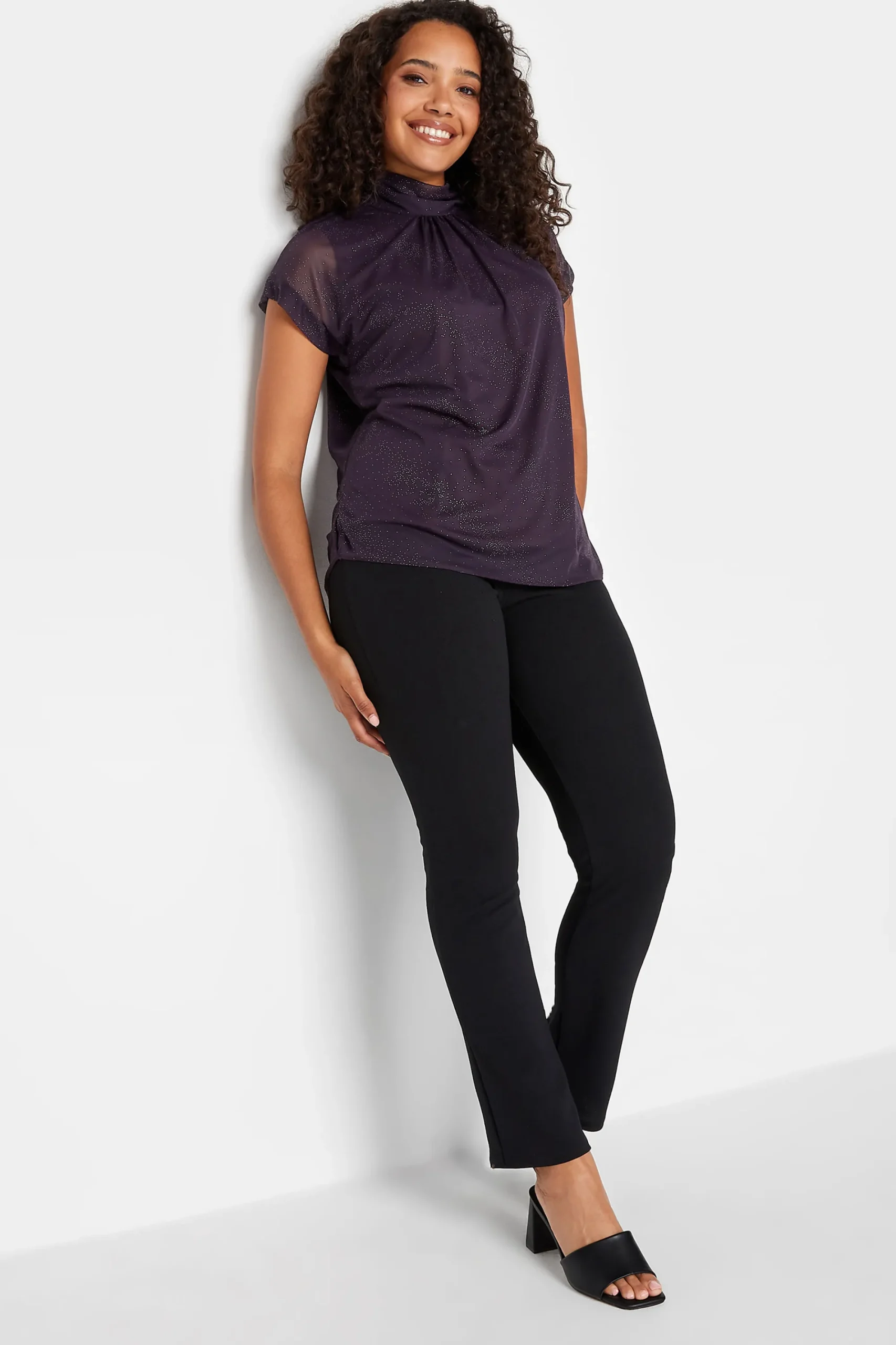 M&Co Womens Dark Purple Tie Neck Blouse>Women Short Sleeve Tops