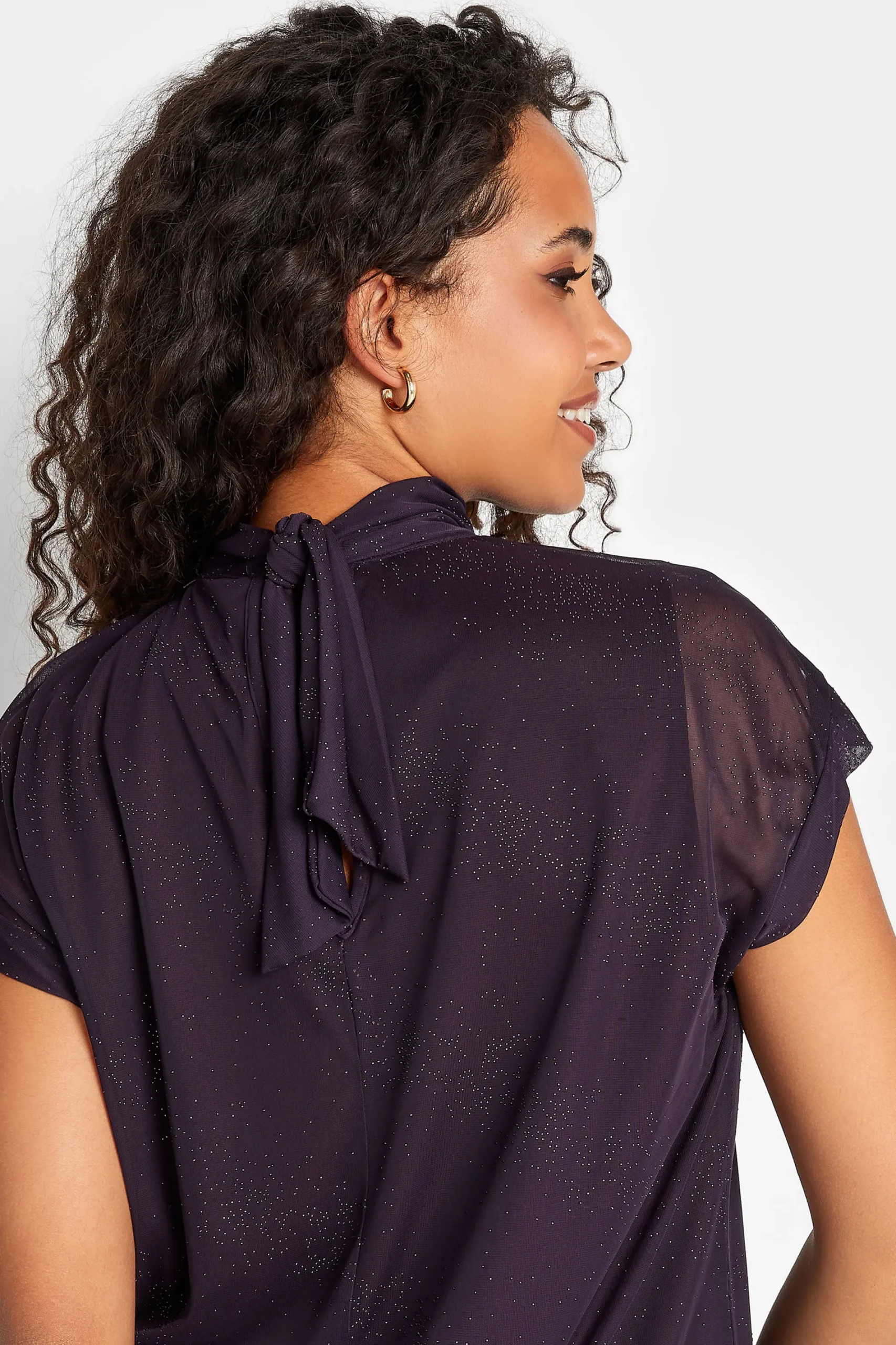 M&Co Womens Dark Purple Tie Neck Blouse>Women Short Sleeve Tops