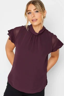 M&Co Womens Dark Purple High Neck Frill Sleeve Blouse>Women Short Sleeve Tops