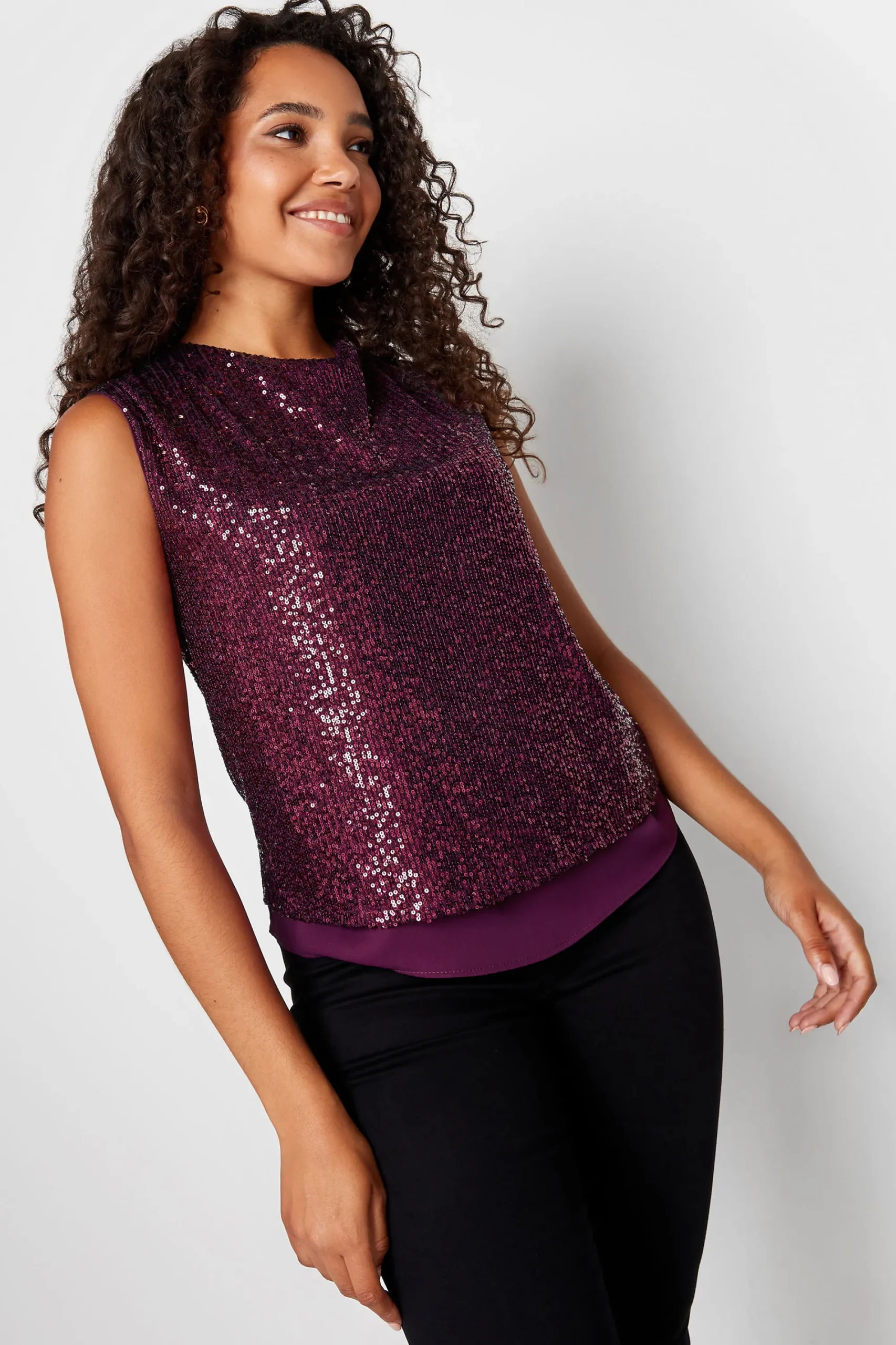 M&Co Womens Dark Purple Sequin Tie Back Top>Women Short Sleeve Tops