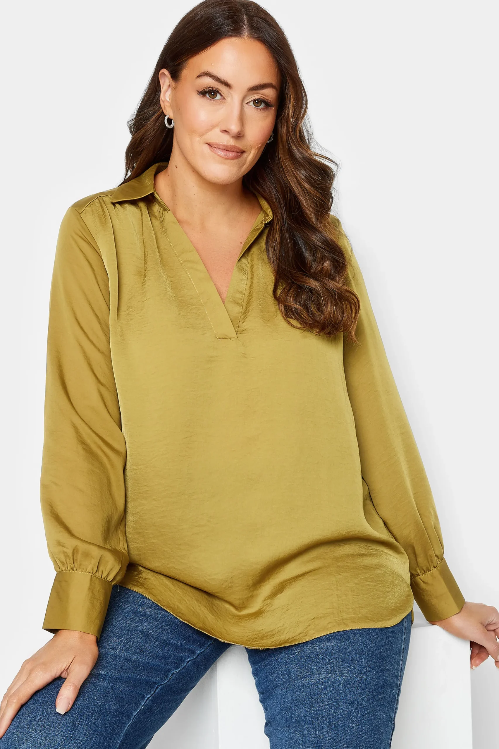 M&Co Womens Gold Satin V-Neck Blouse>Women Shirts