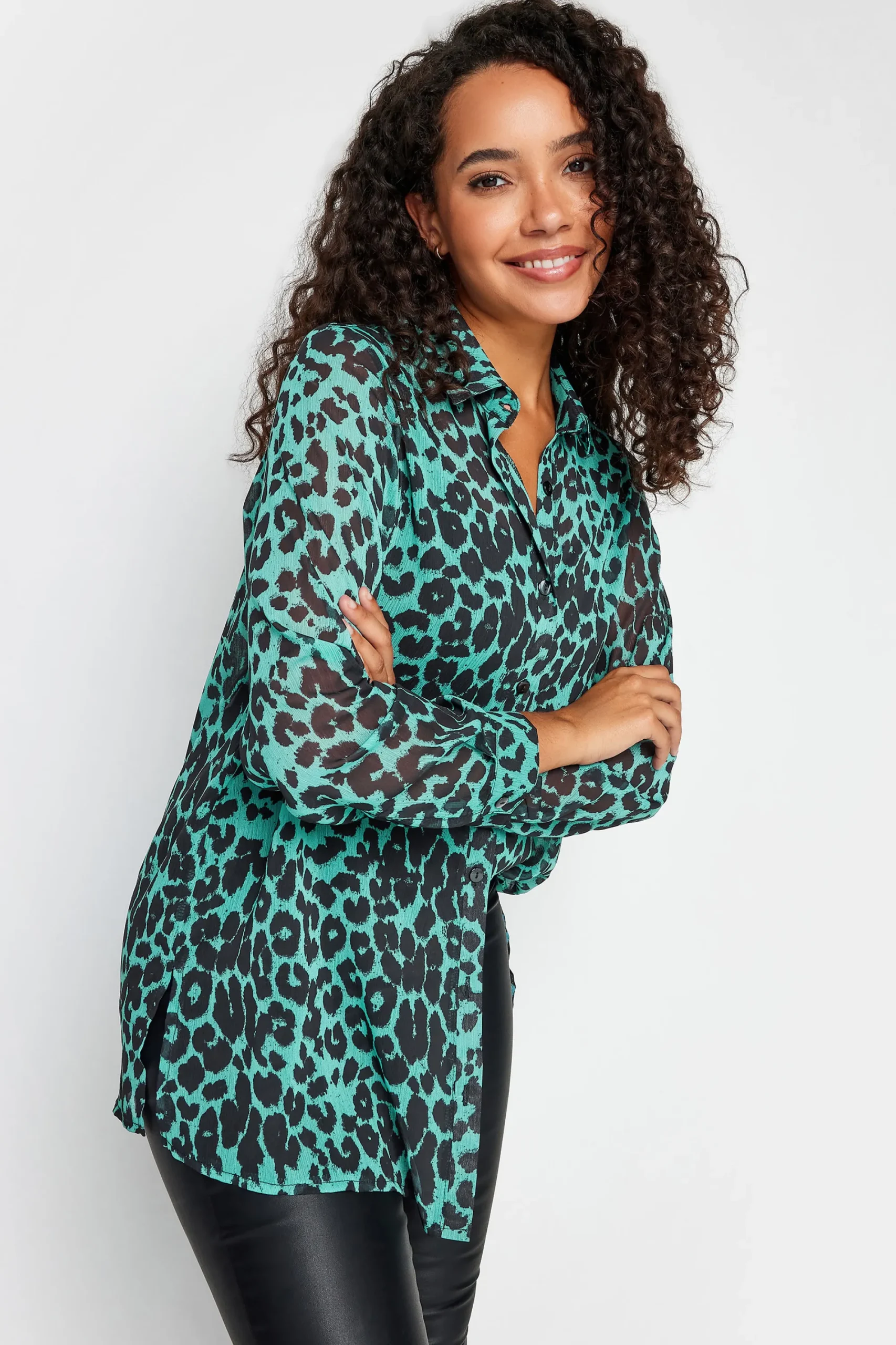 M&Co Womens Green Animal Print Longline Shirt>Women Shirts