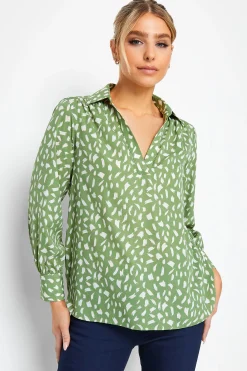 M&Co Womens Green Brush Stroke Print Half Placket Shirt>Women Shirts
