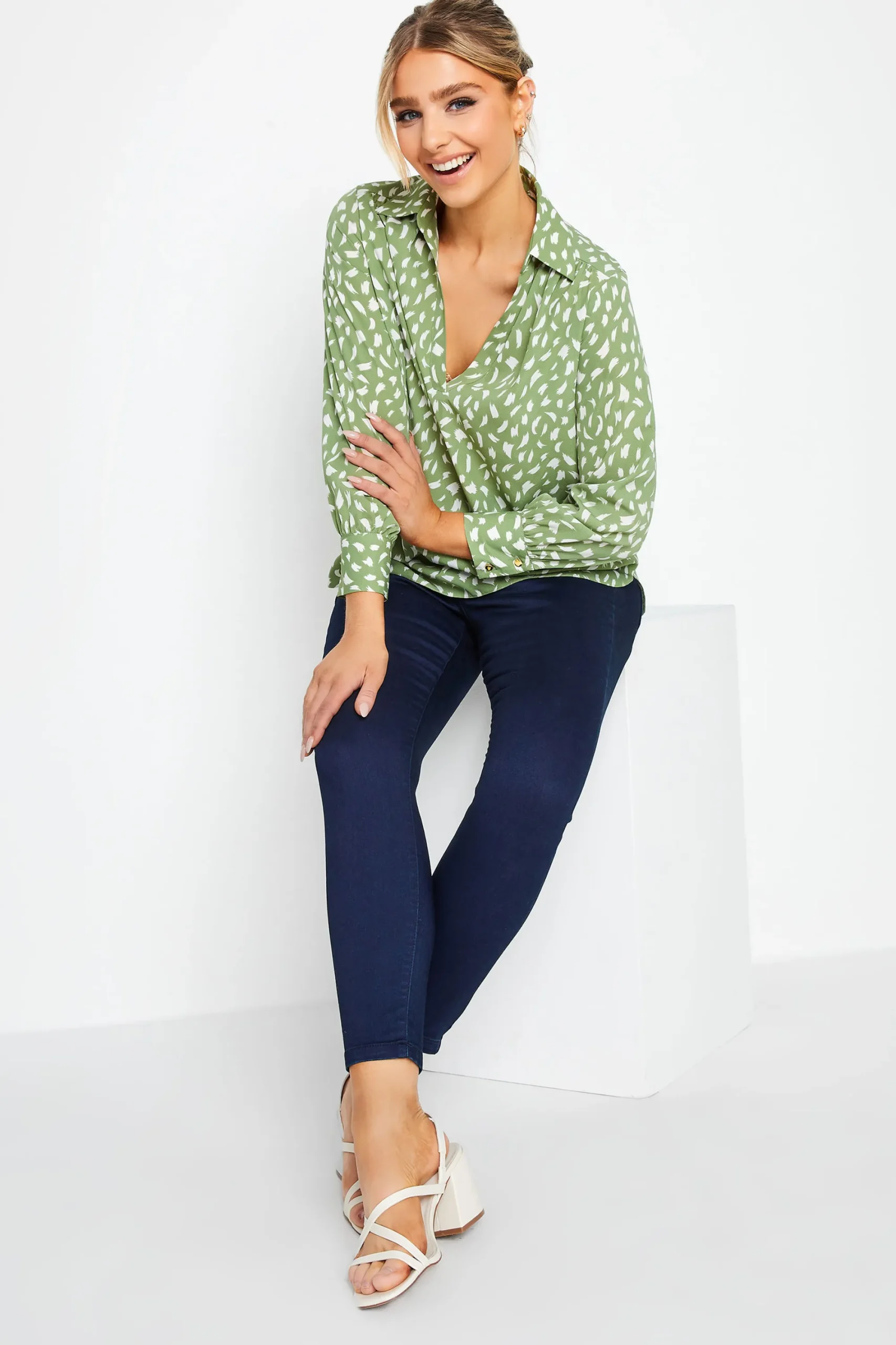 M&Co Womens Green Brush Stroke Print Half Placket Shirt>Women Shirts