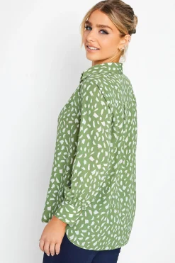 M&Co Womens Green Brush Stroke Print Half Placket Shirt><noscript><img width=