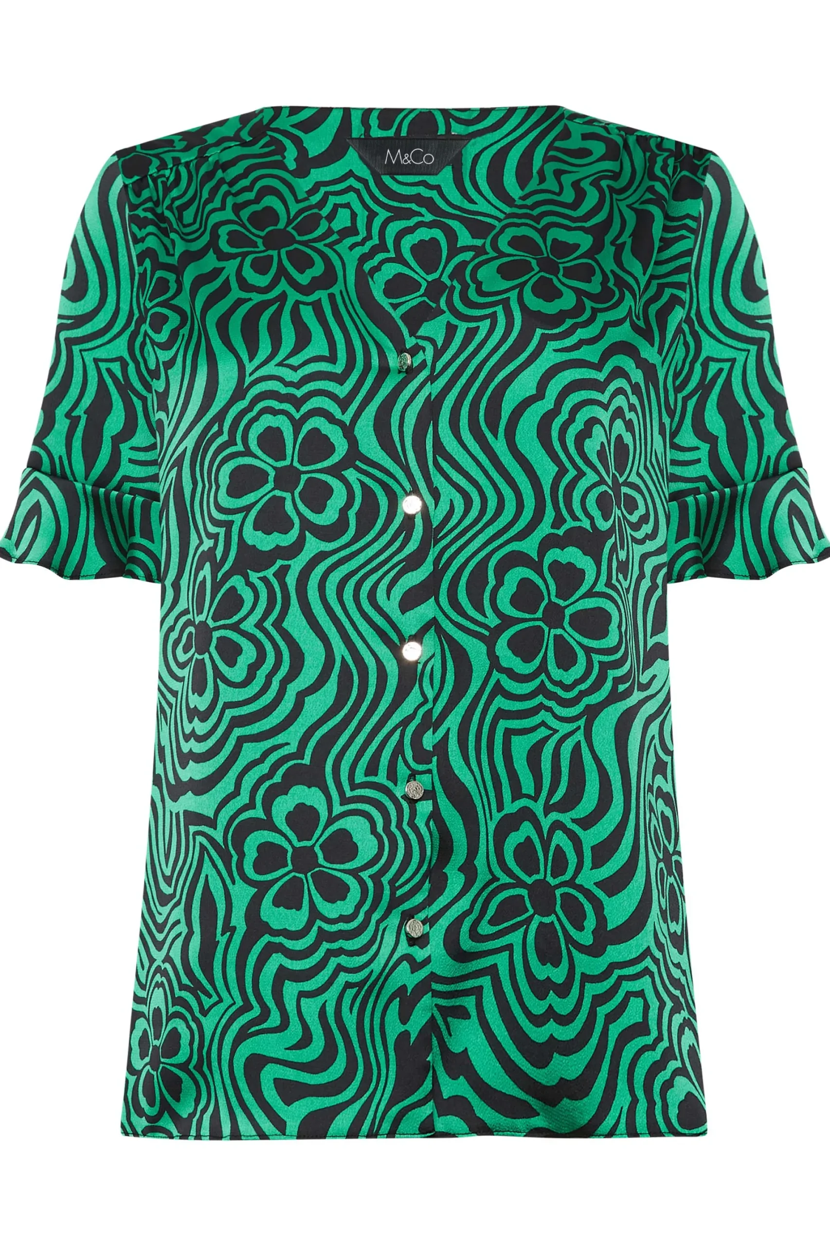 M&Co Womens Green Floral Swirl Print Frill Sleeve Blouse>Women Short Sleeve Tops