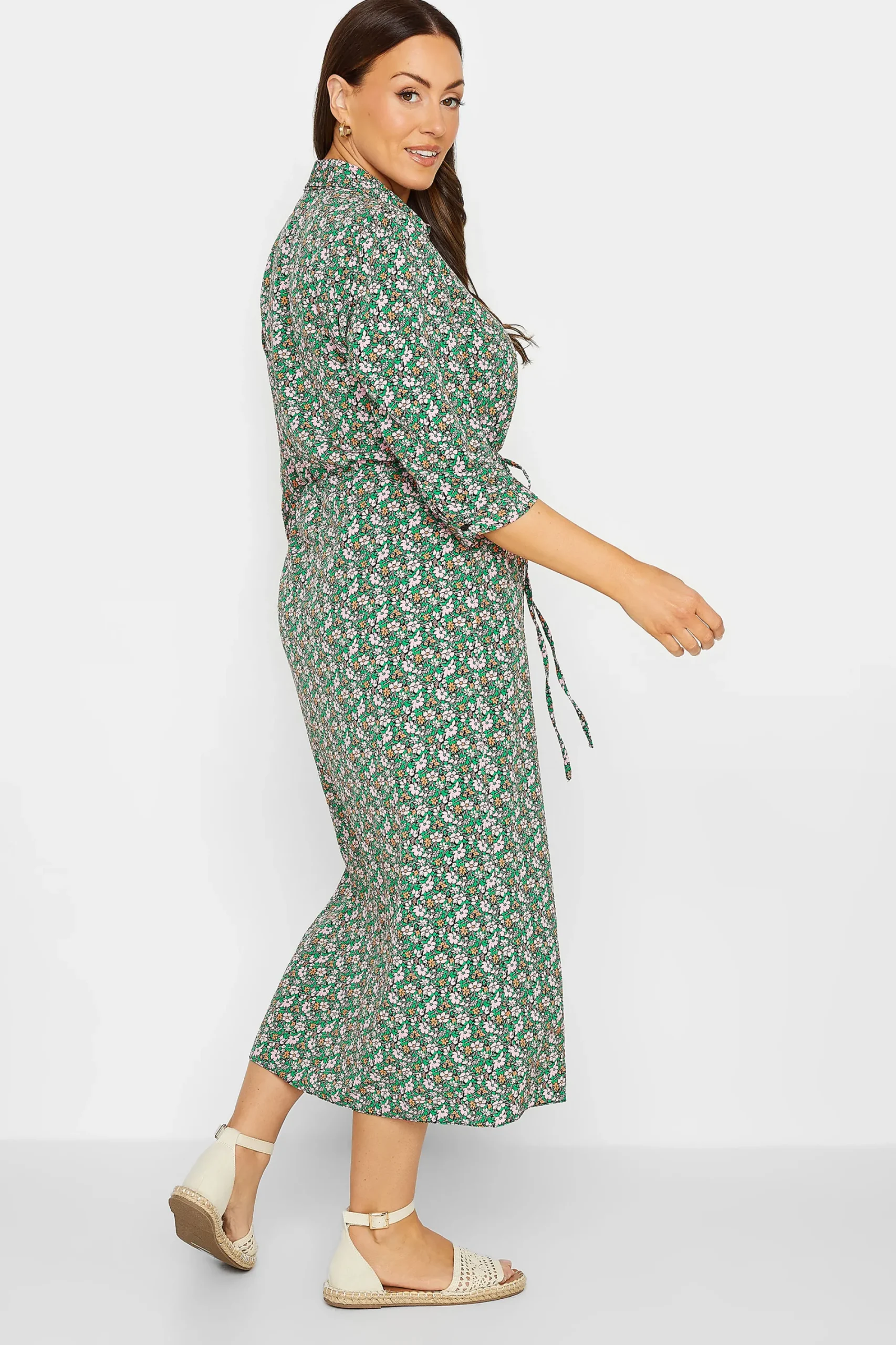 M&Co Womens Green Floral Print Midi Shirt Dress>Women Shirt Dresses