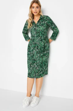 M&Co Womens Green Floral Half Placket Midi Smock Dress>Women Wedding Guest Dresses