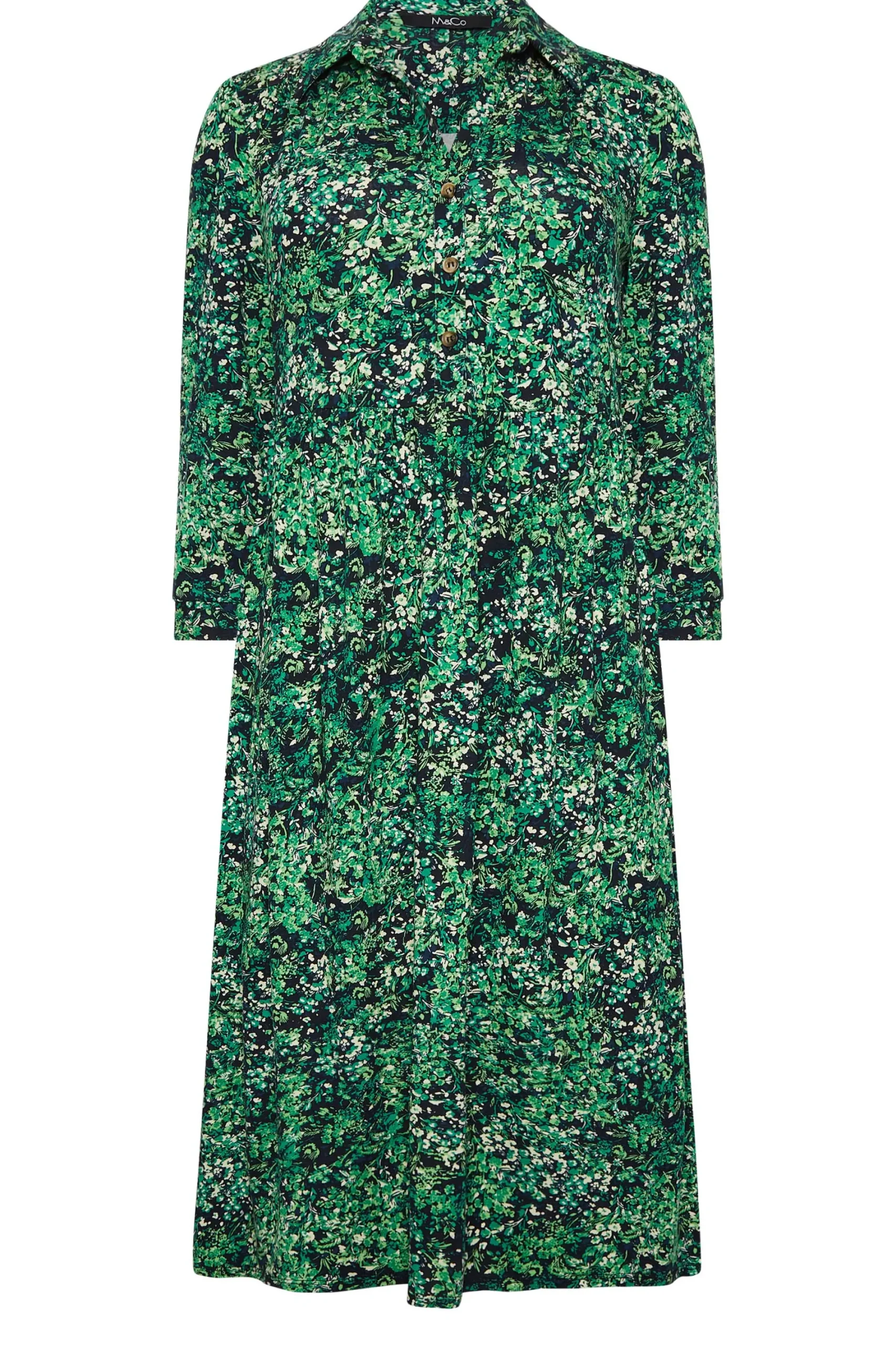 M&Co Womens Green Floral Half Placket Midi Smock Dress>Women Wedding Guest Dresses