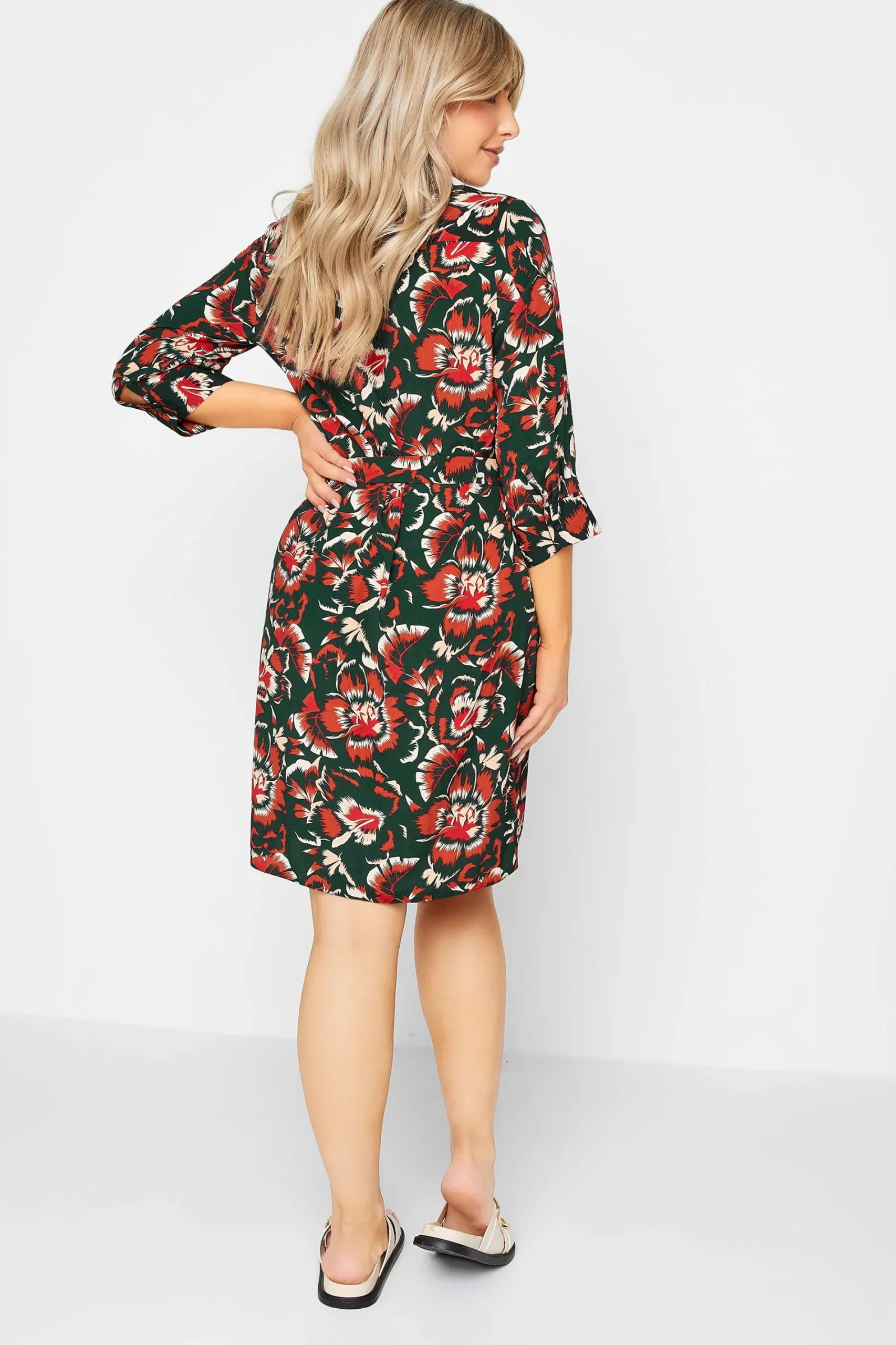 M&Co Womens Green Floral Print Tie Tunic Shirt Dress>Women Shirt Dresses