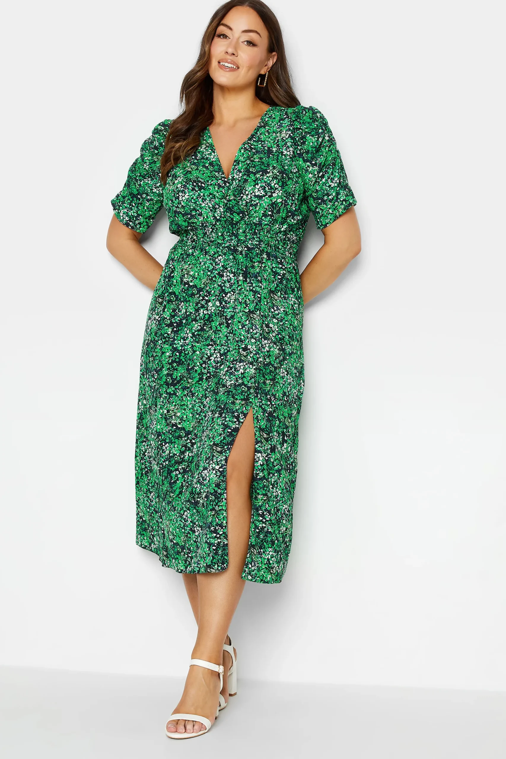 M&Co Womens Green Floral Print Shirred Waist Midi Dress>Women Midi Dresses