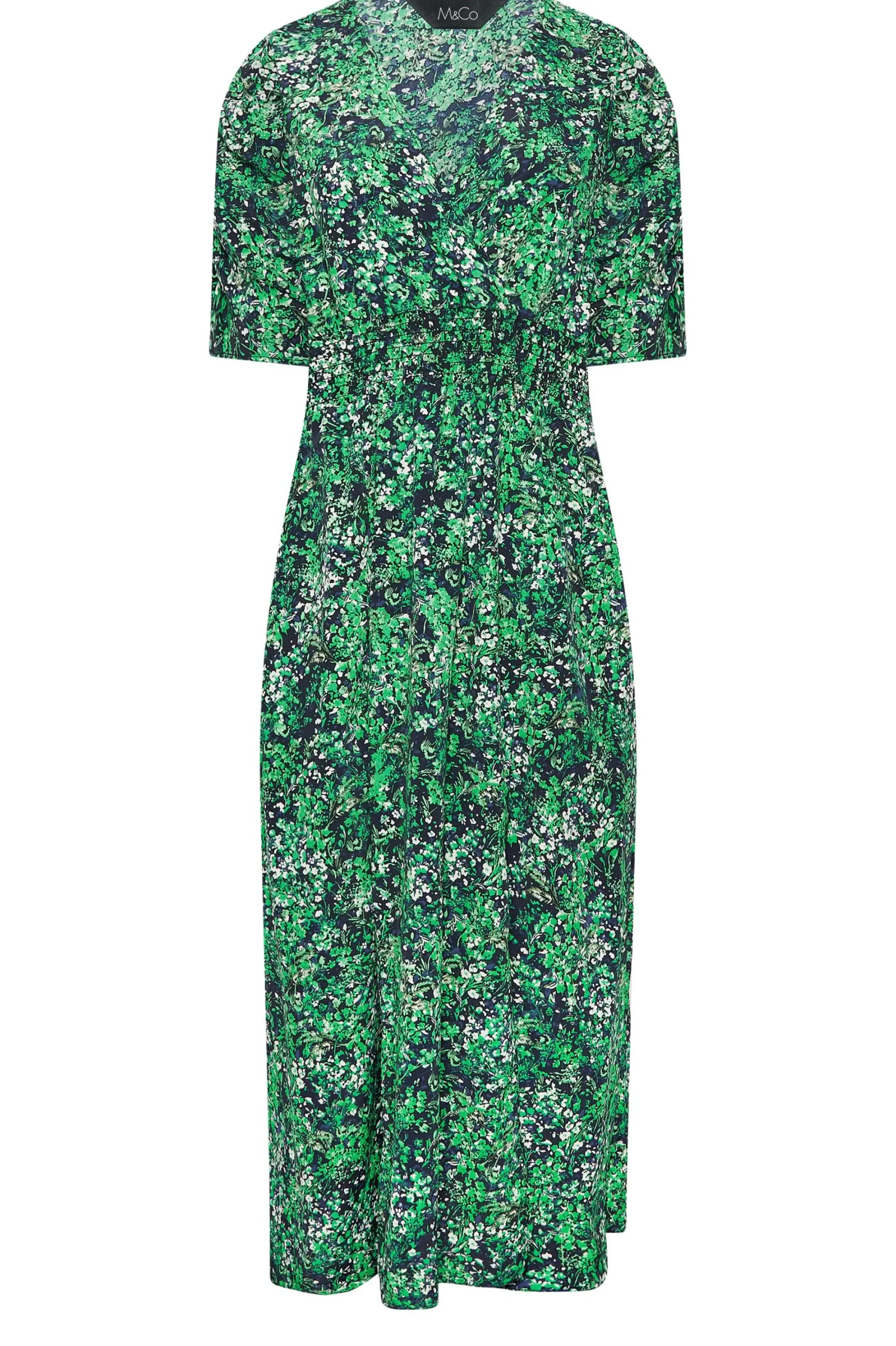 M&Co Womens Green Floral Print Shirred Waist Midi Dress>Women Midi Dresses