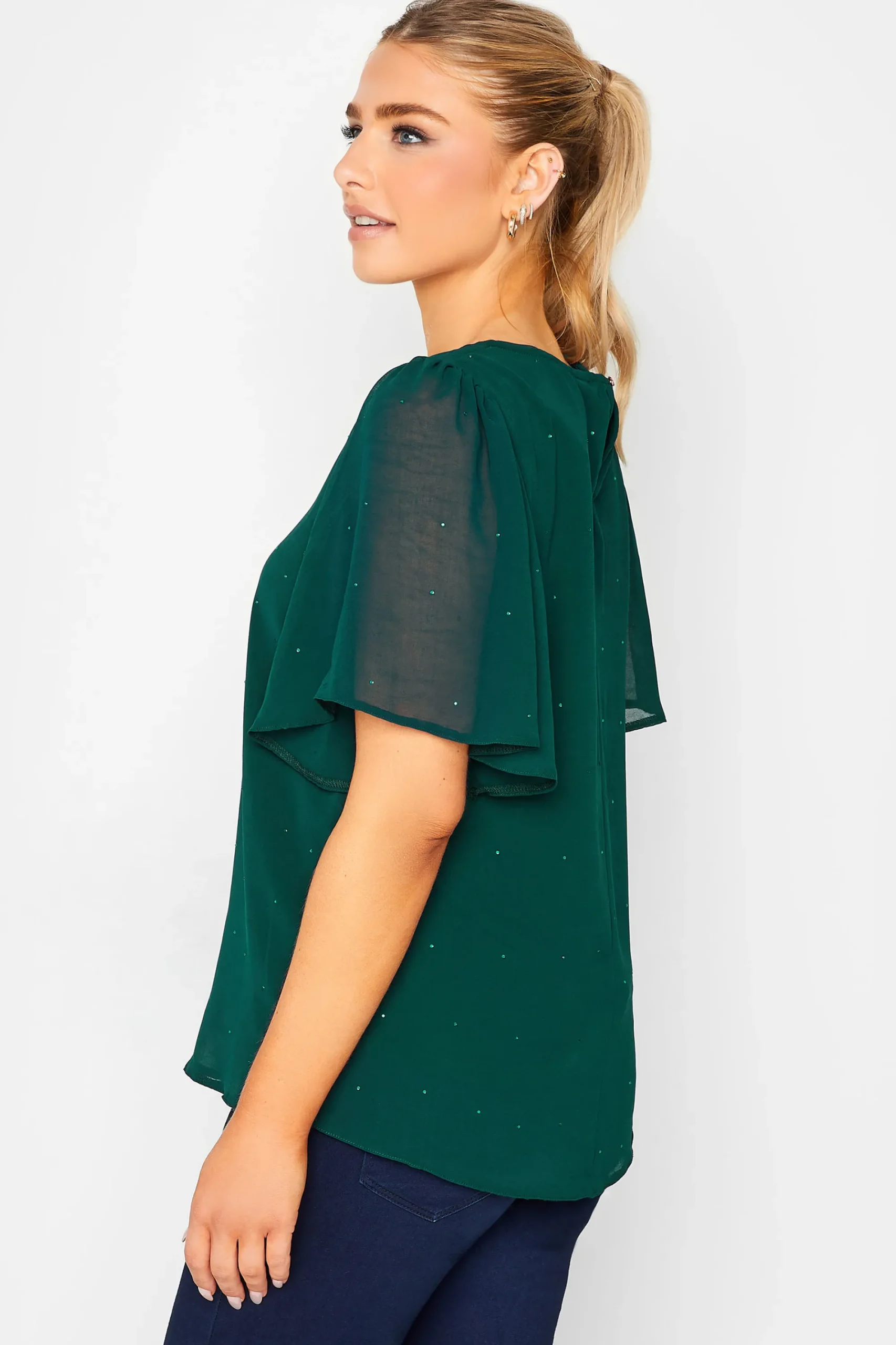 M&Co Womens Green Gem Detail Angel Sleeve Blouse>Women Blouses