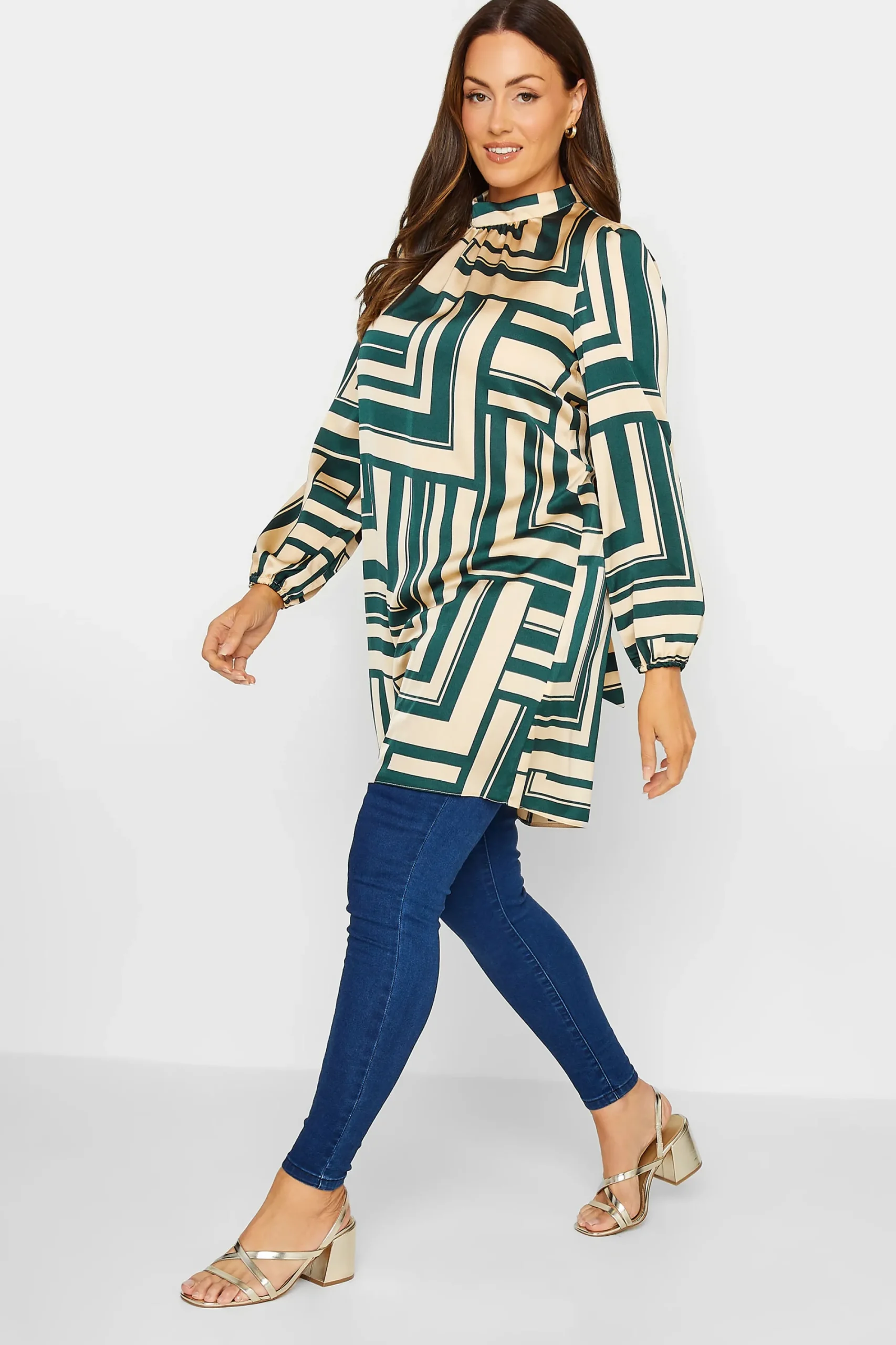 M&Co Womens Green Geometric Print High Neck Tunic Blouse>Women Shirts