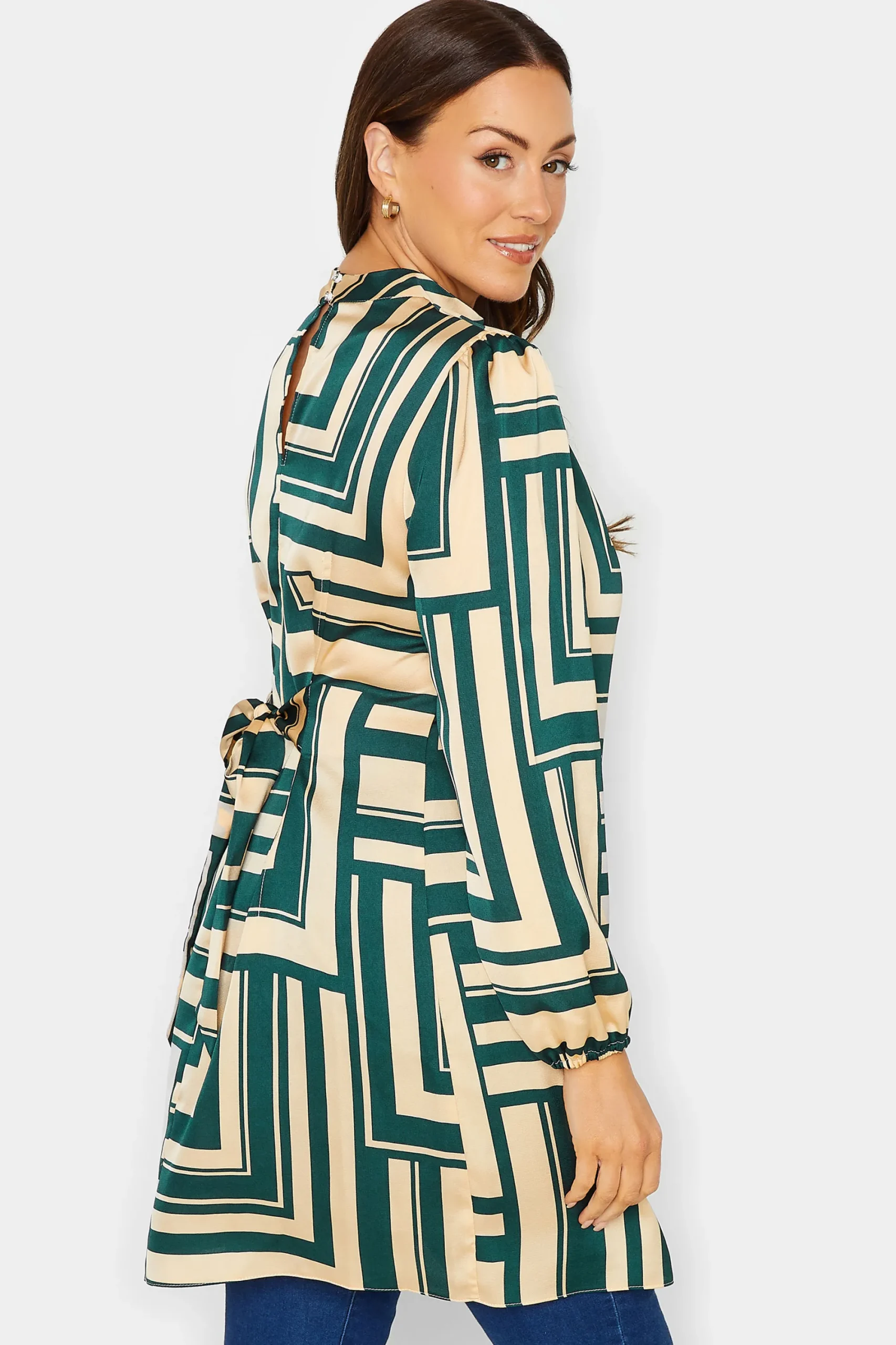 M&Co Womens Green Geometric Print High Neck Tunic Blouse>Women Shirts