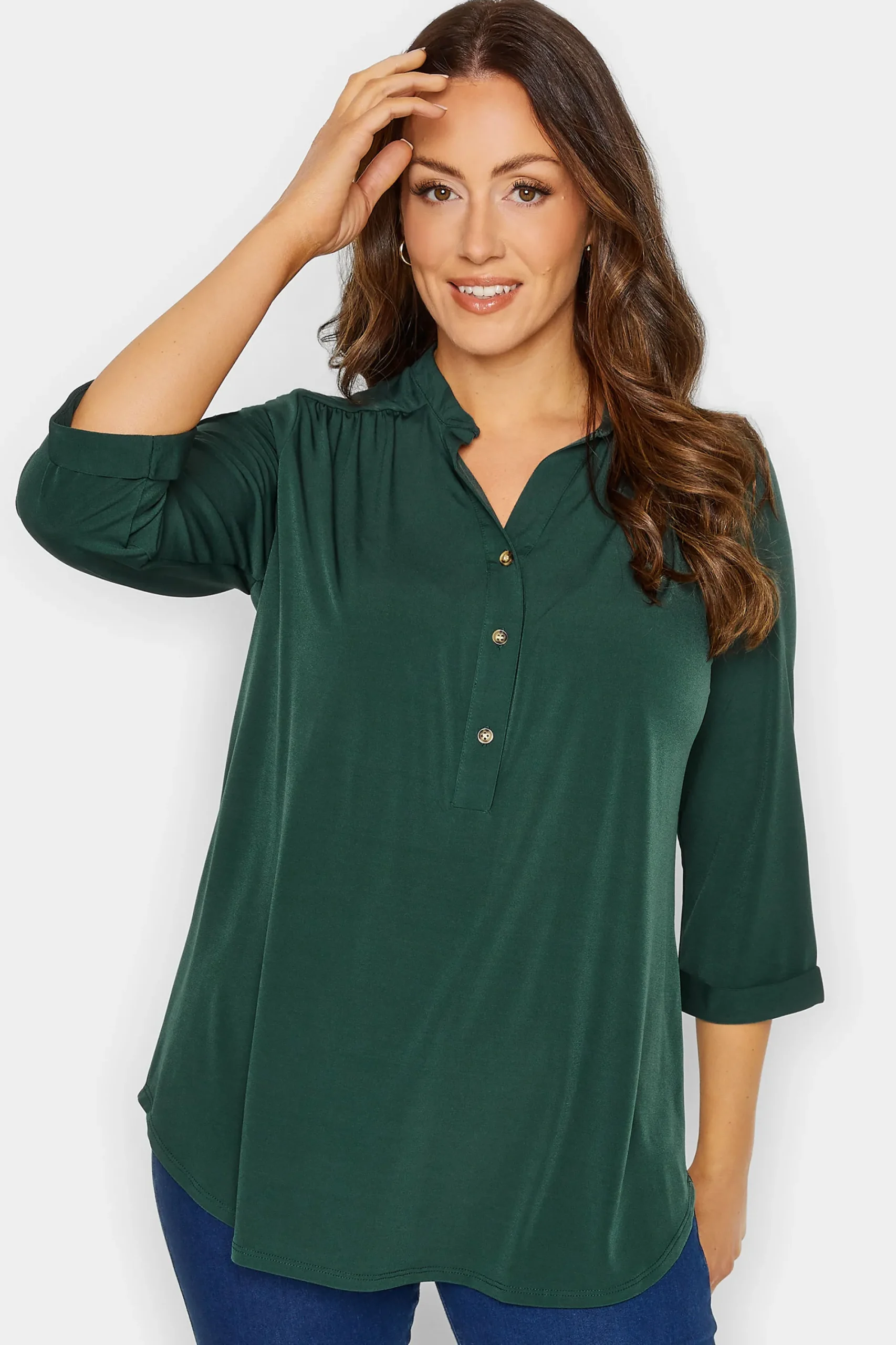 M&Co Womens Green Half Placket Jersey Shirt>Women Shirts