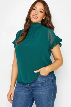 M&Co Womens Green High Neck Frill Sleeve Blouse>Women Short Sleeve Tops