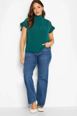 M&Co Womens Green High Neck Frill Sleeve Blouse>Women Short Sleeve Tops