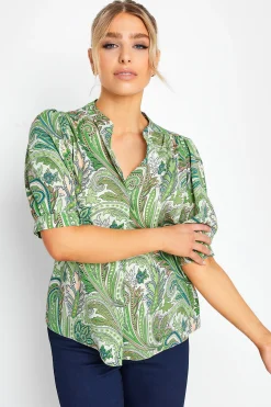 M&Co Womens Green Paisley Print Puff Sleeve Shirt>Women Short Sleeve Tops