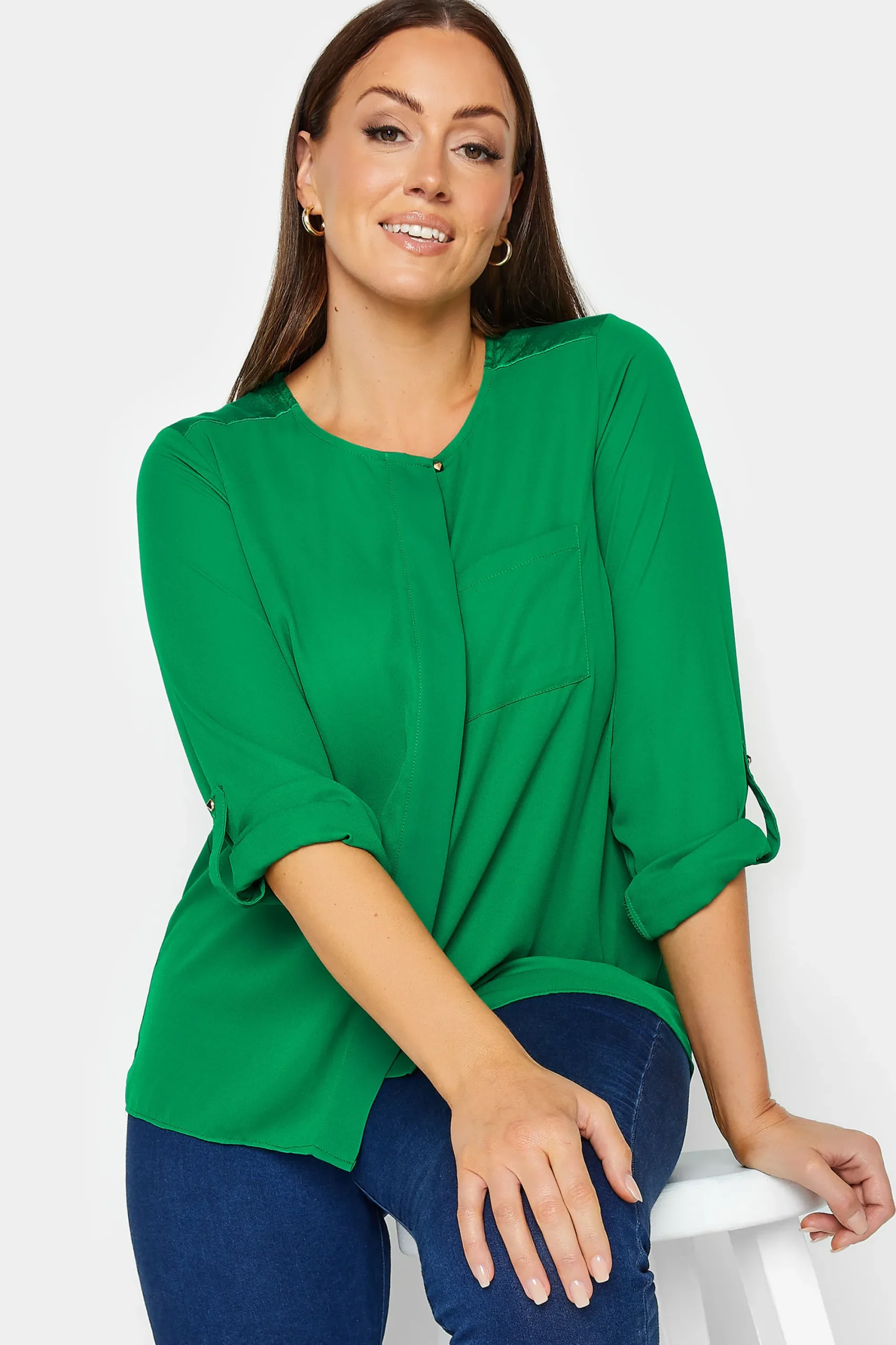 M&Co Womens Green Satin Contrast Panel Shirt>Women Shirts