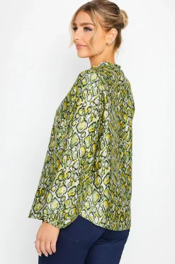 M&Co Womens Green Snake Print Tie Neck Blouse><noscript><img width=