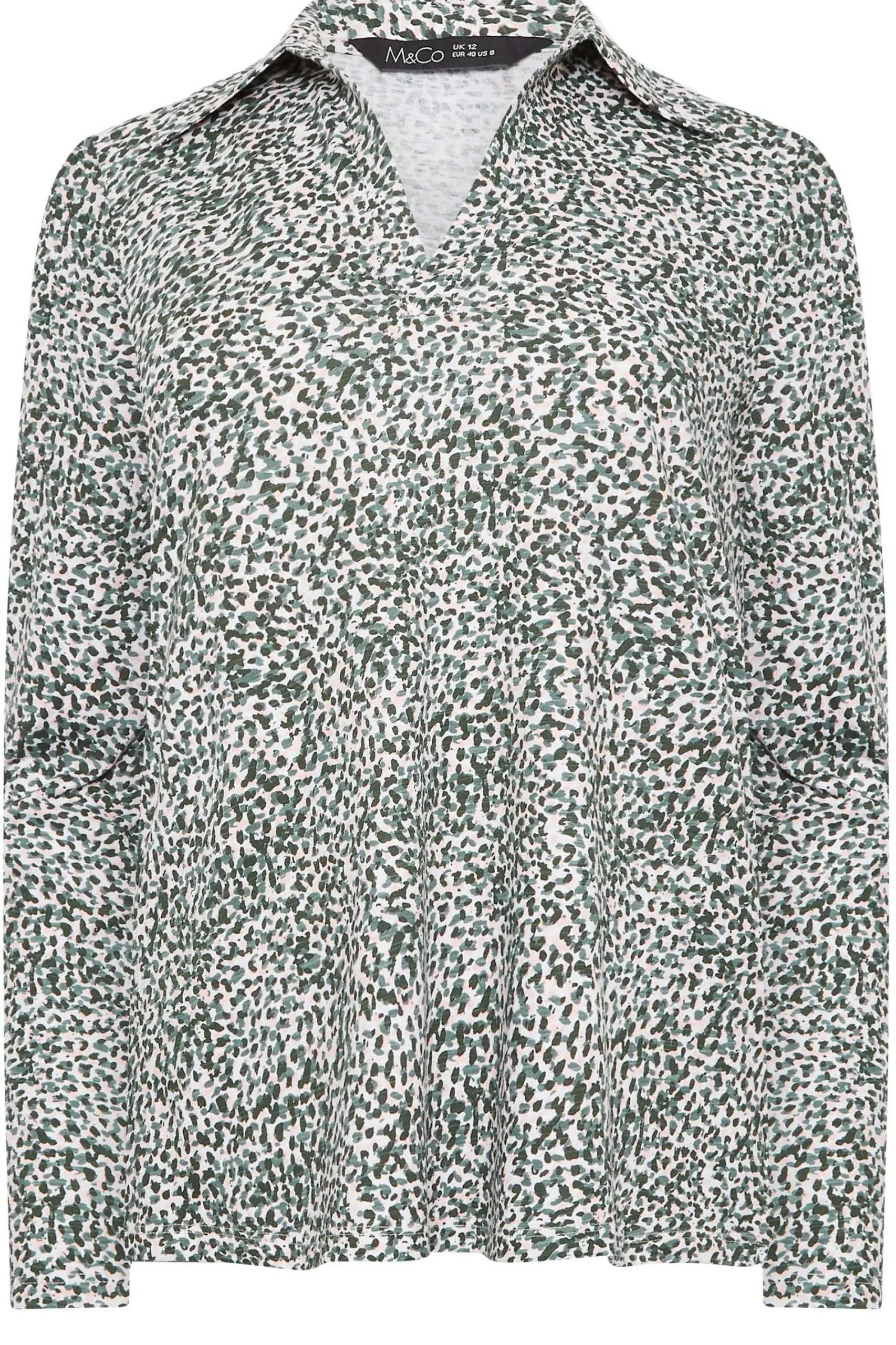 M&Co Womens Green Spot Print Collared Long Sleeve Cotton Top>Women T-Shirts