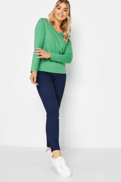 M&Co Womens Green V-Neck Long Sleeve Cotton T-Shirt>Women T-Shirts