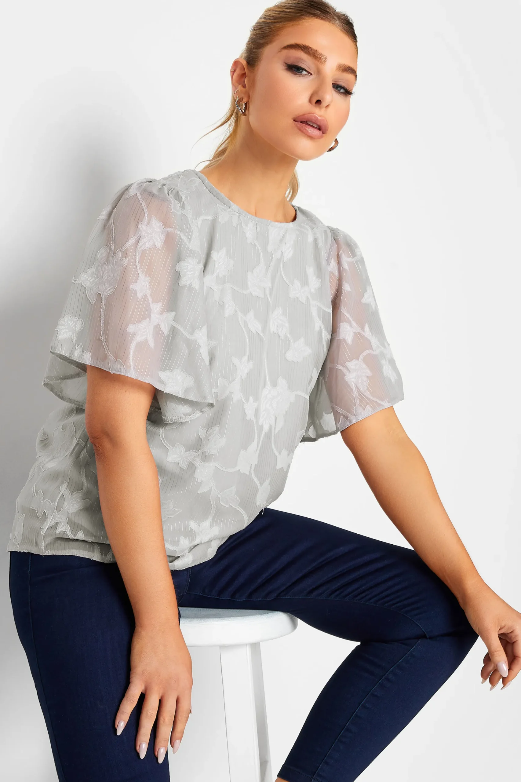 M&Co Womens Grey Floral Shimmer Angel Sleeve Blouse>Women Blouses