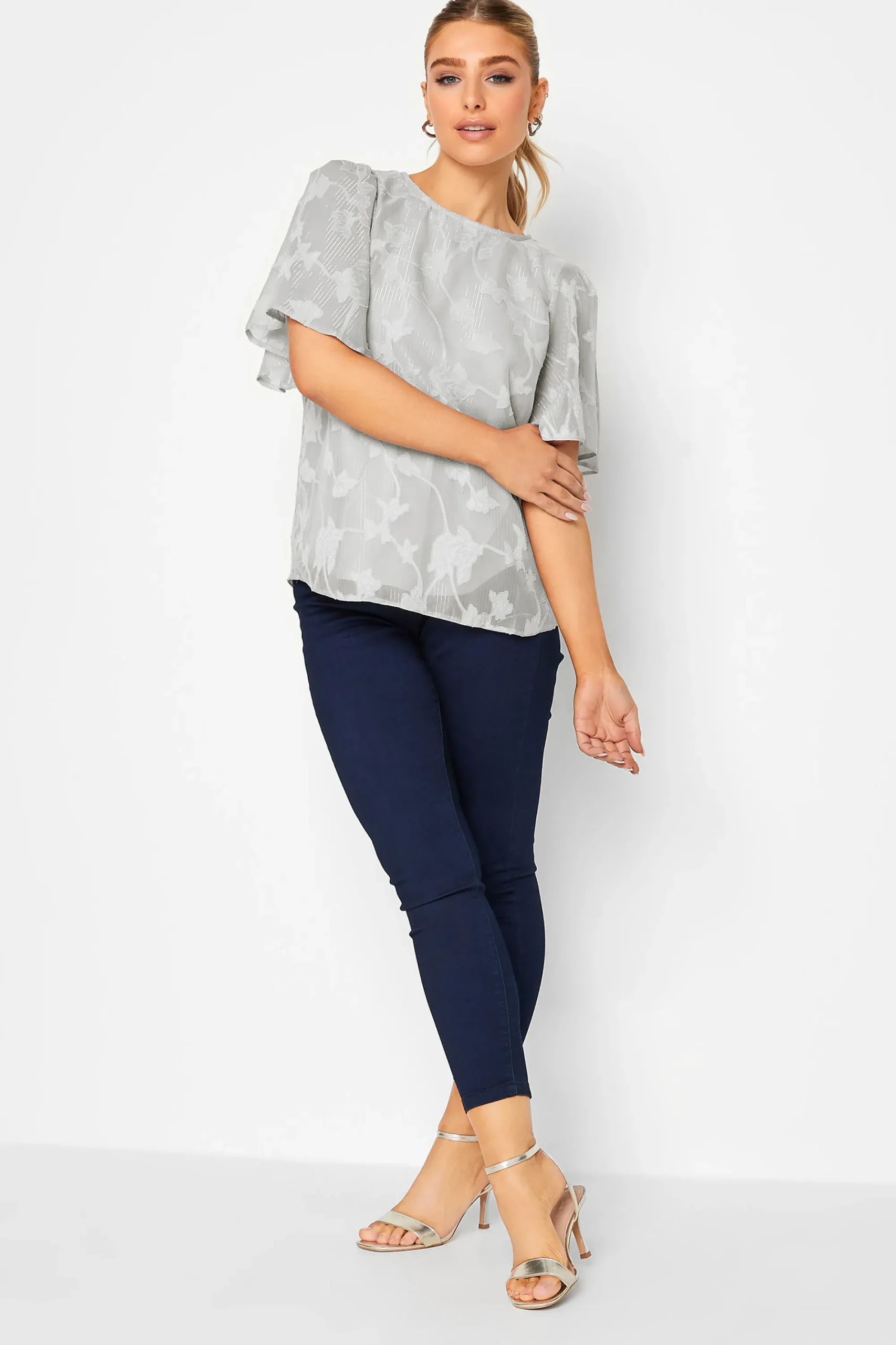 M&Co Womens Grey Floral Shimmer Angel Sleeve Blouse>Women Blouses