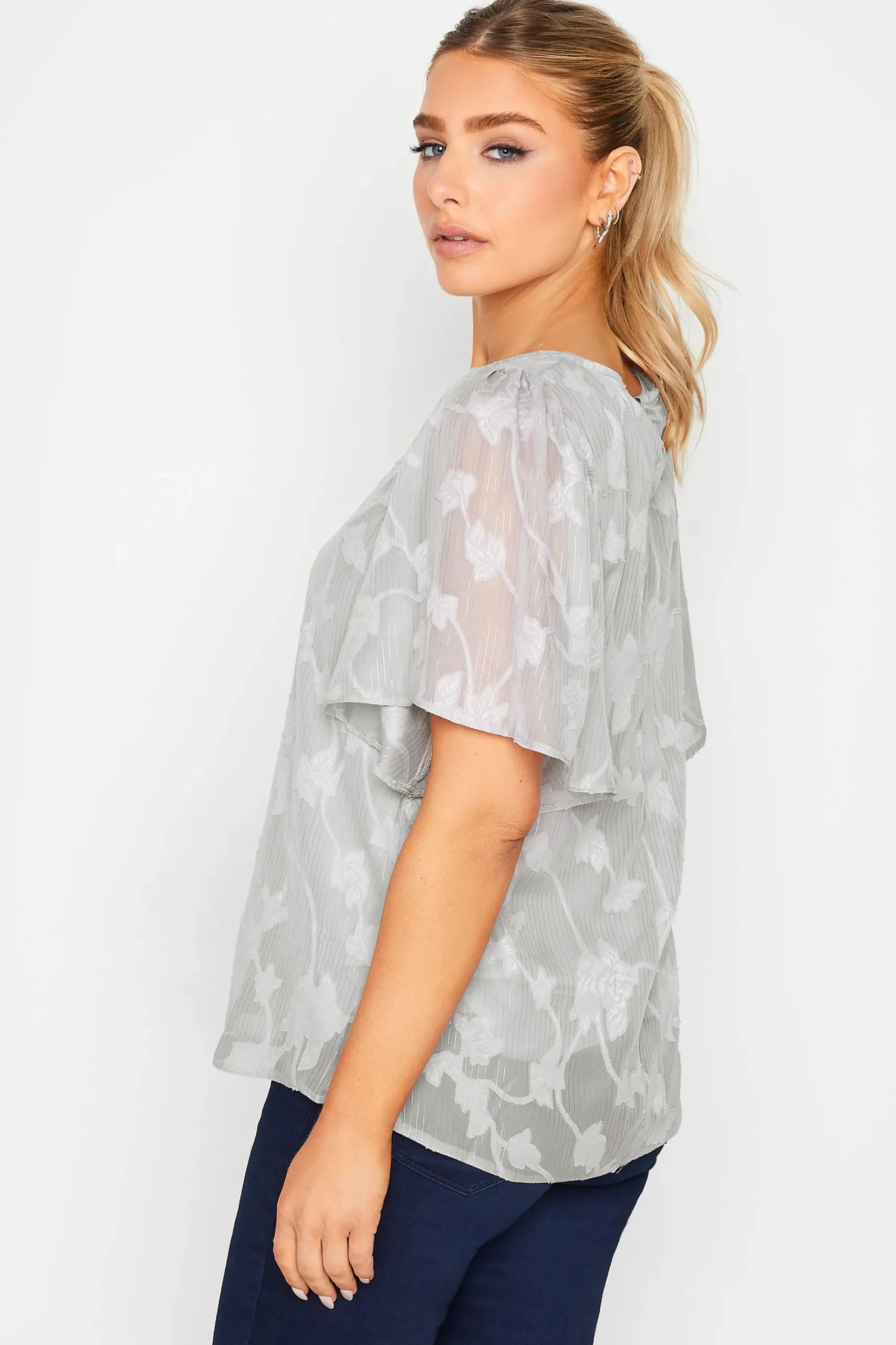 M&Co Womens Grey Floral Shimmer Angel Sleeve Blouse>Women Blouses