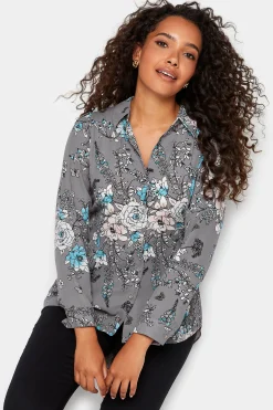 M&Co Womens Grey Floral Print Tie Shirt>Women Shirts