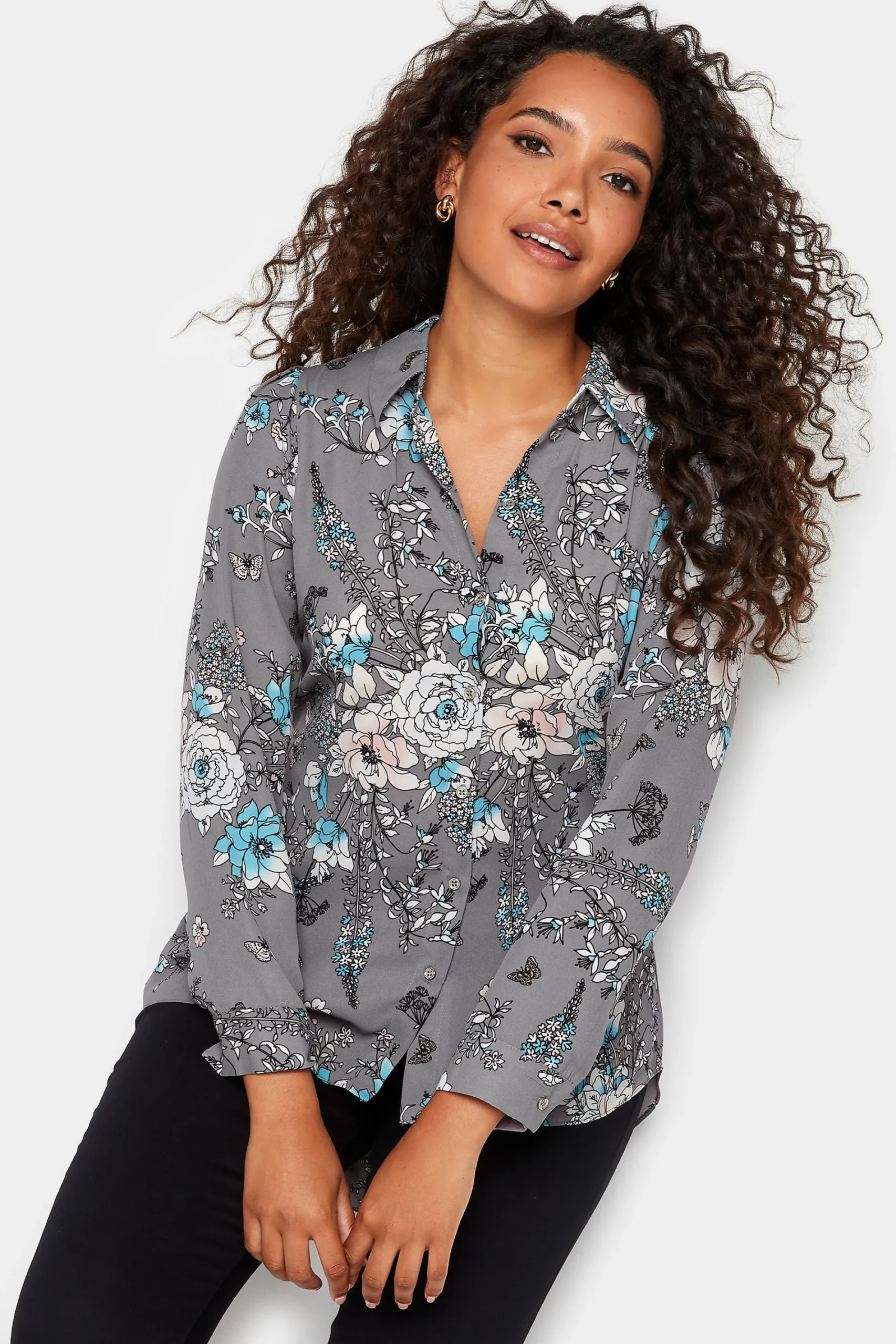 M&Co Womens Grey Floral Print Tie Shirt>Women Shirts